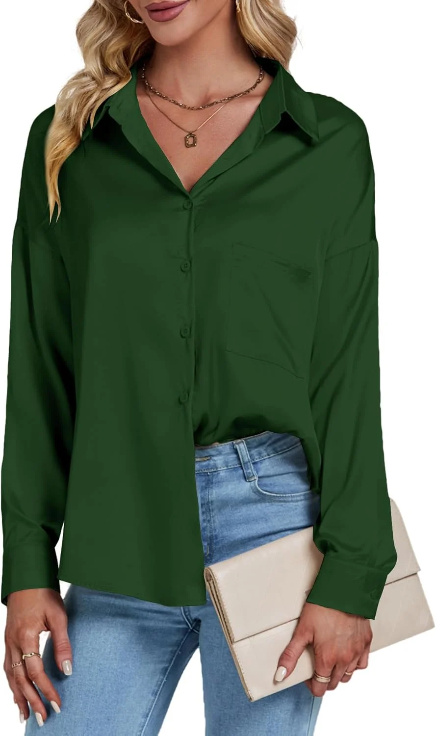 بلوز زنانه ساتن یقه دار دکمه دار آستین بلند