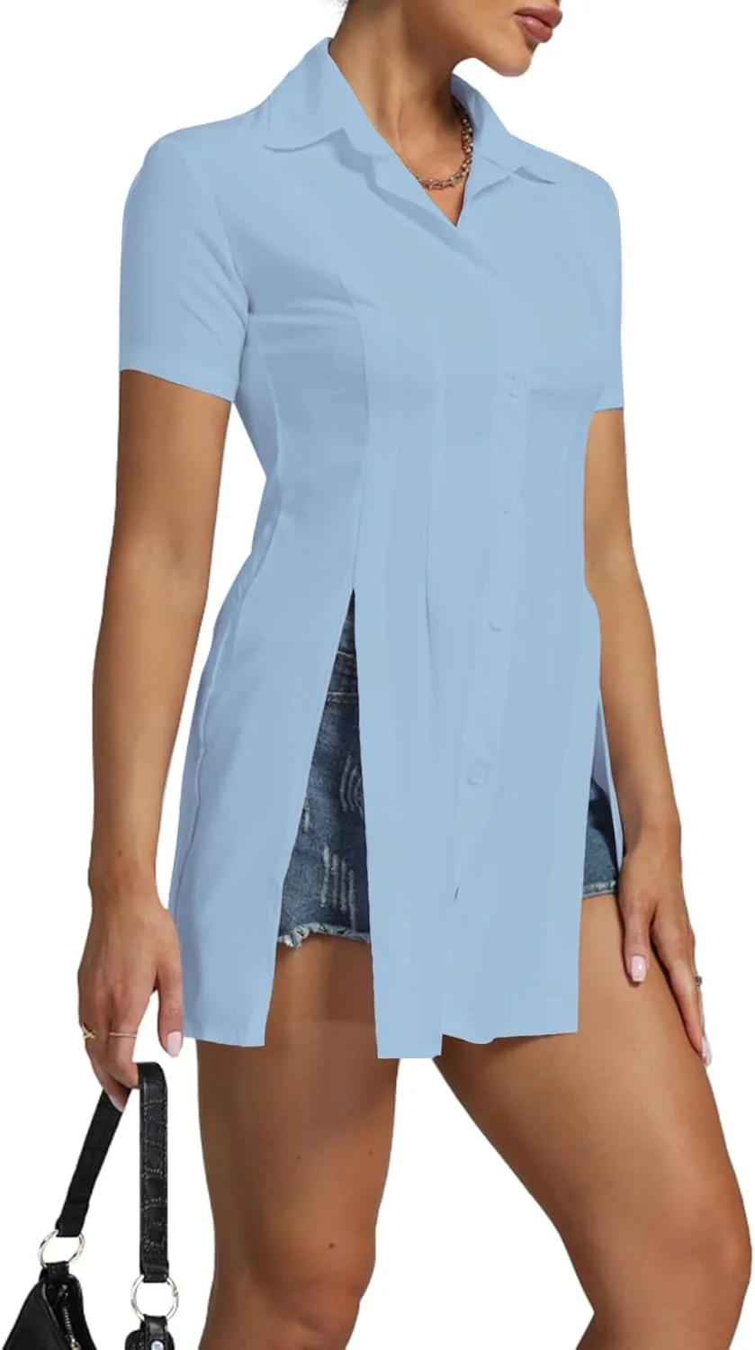 بلوز زنانه دکمه دار آستین کوتاه یقه دار با طراحی بلند و چاک دار مناسب کار