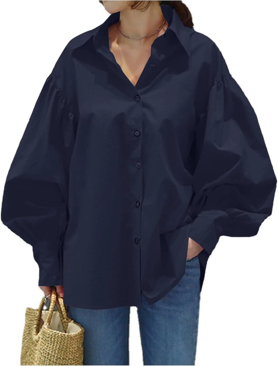 بلوز زنانه یقه هفت دکمه دار آستین پفی بلند