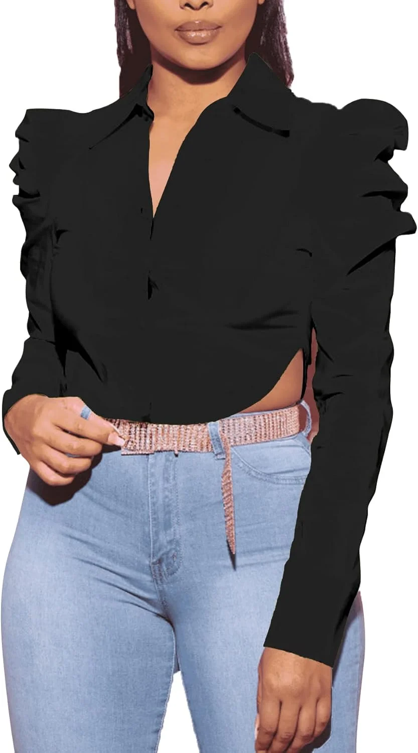 بلوز زنانه یقه هفت دکمه دار آستین پفی بلند با لبه چاک دار