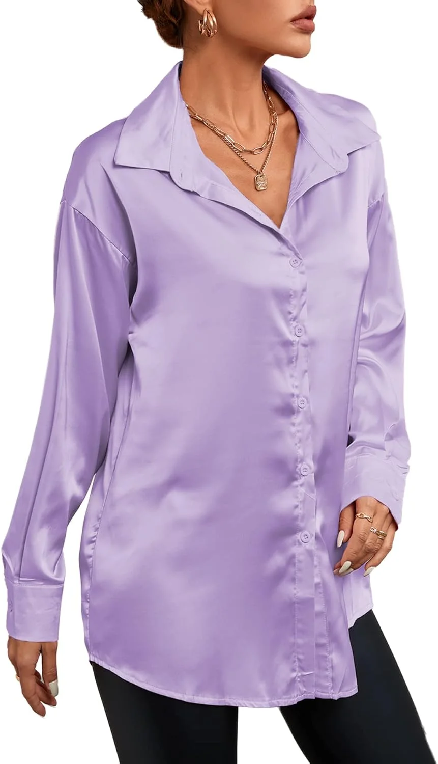 بلوز زنانه ساتن ابریشمی یقه V دکمه دار آستین بلند