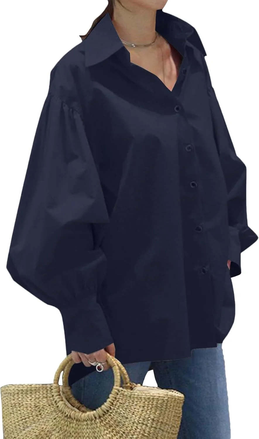 بلوز زنانه یقه هفت دکمه دار آستین پفی بلند