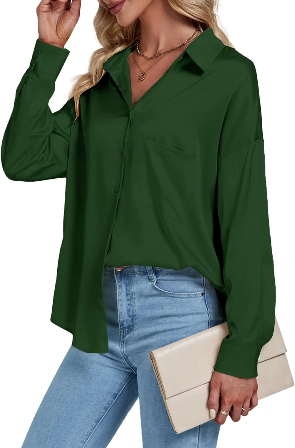 بلوز زنانه ساتن یقه دار دکمه دار آستین بلند