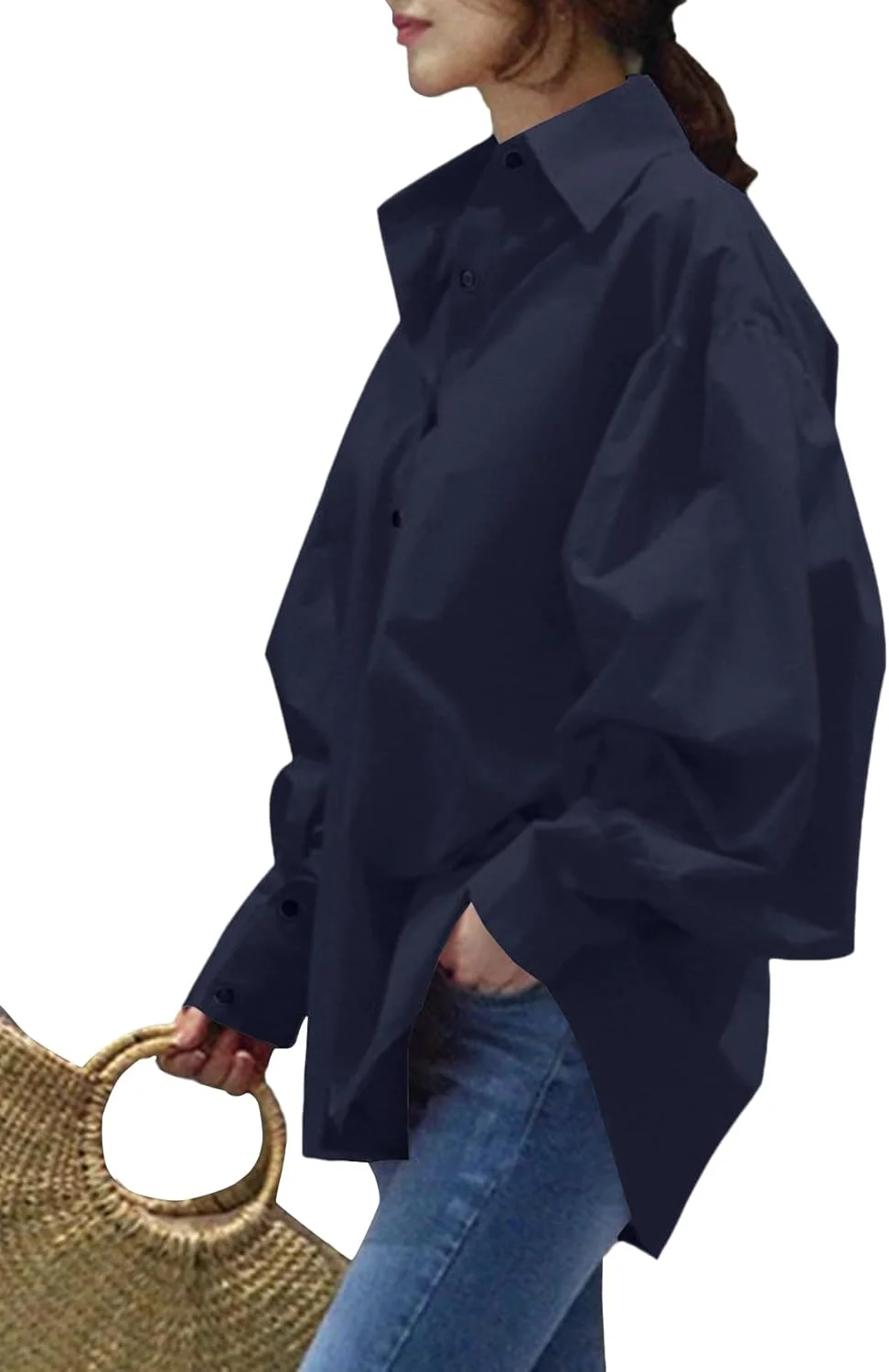 بلوز زنانه یقه هفت دکمه دار آستین پفی بلند