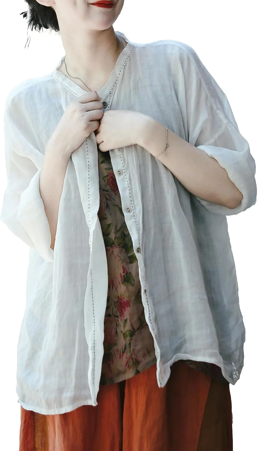 بلوز آستین بلند زنانه، مدل آزاد، دکمه دار، جنس رامی، سبک وزن، طرح رترو، شیک و بوهو