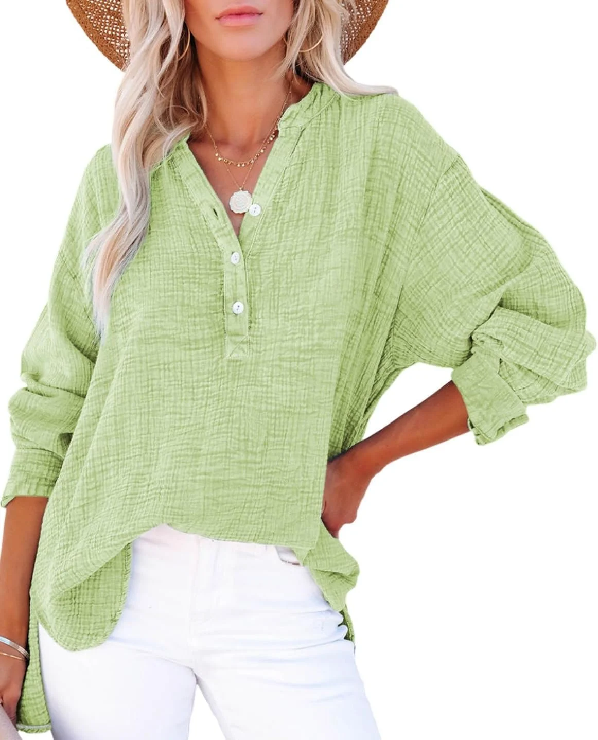 بلوز زنانه دکمه دار یقه هفت آستین بلند گشاد، تاپ های بافت دار راحت رنگ ثابت