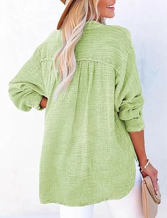 بلوز زنانه دکمه دار یقه هفت آستین بلند گشاد، تاپ های بافت دار راحت رنگ ثابت