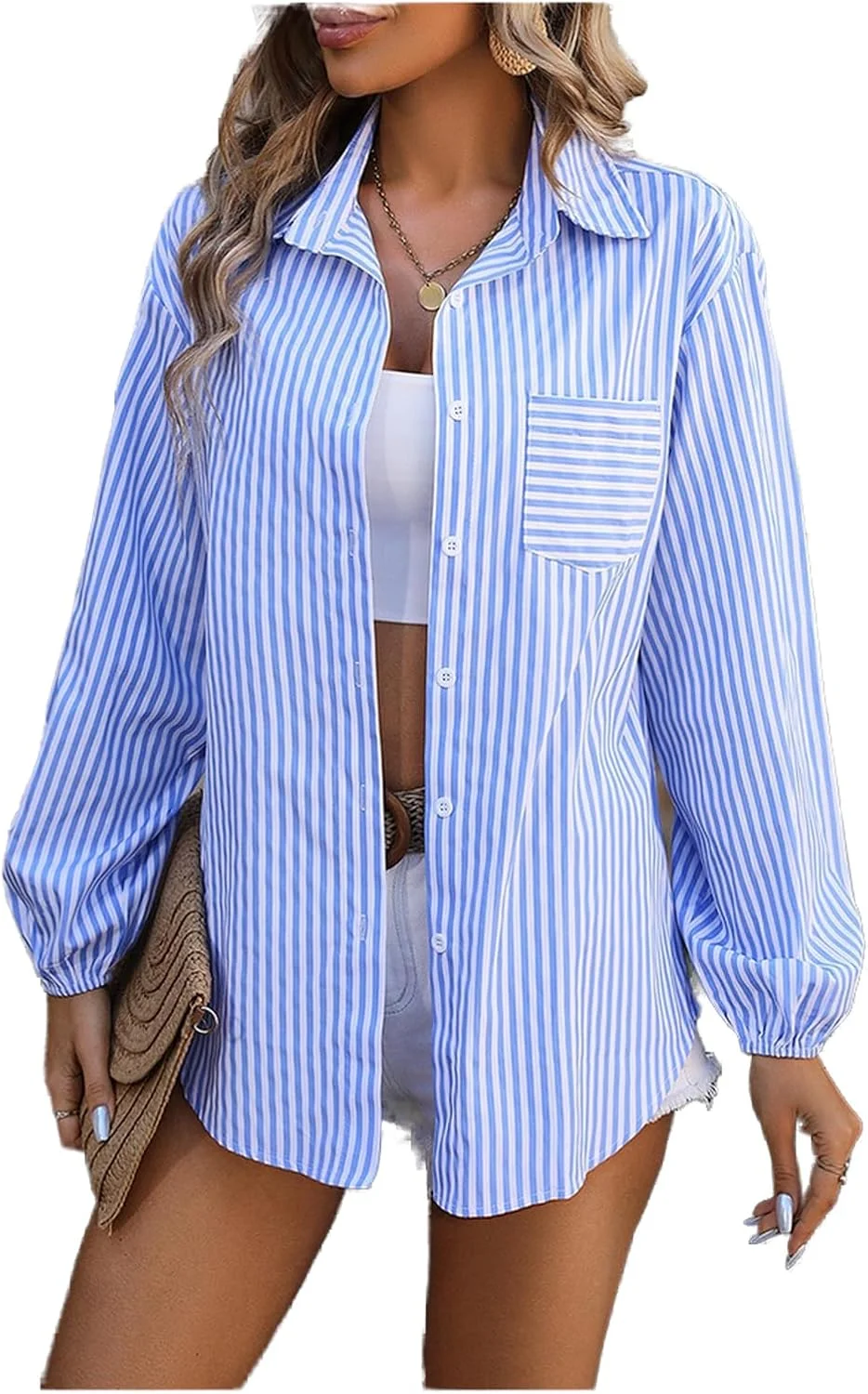 پیراهن زنانه دکمه دار راه راه غیر رسمی - بلوز آستین بلند سبک وزن برای تمام فصول 1 عدد