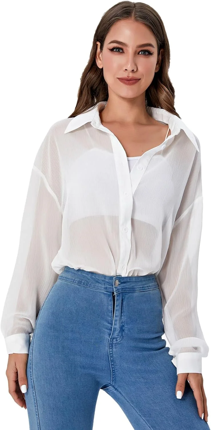 بلوز زنانه شیفون آستین بلند دکمه دار یقه دار گشاد