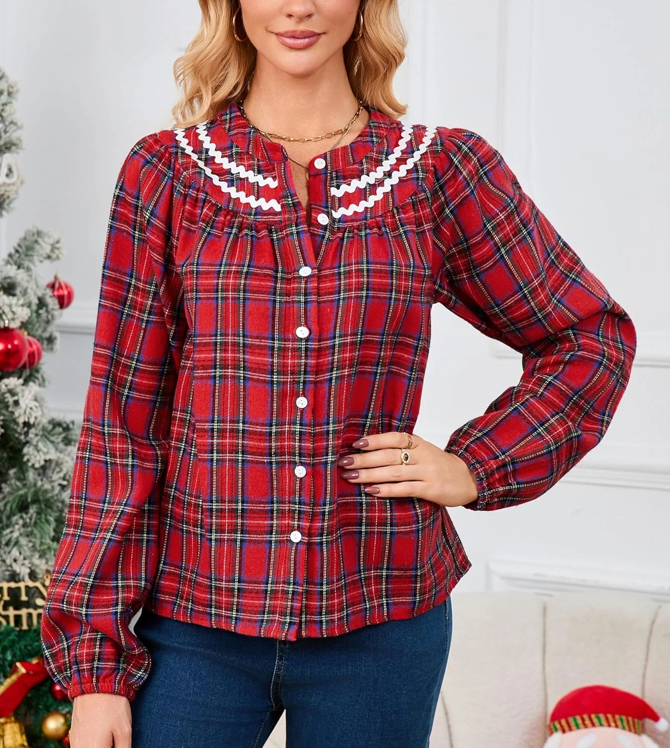 پیراهن چهارخانه آستین بلند زنانه، بلوز دکمه دار کلاسیک بوفالو، تونیک سبک وزن مناسب پاییز و زمستان