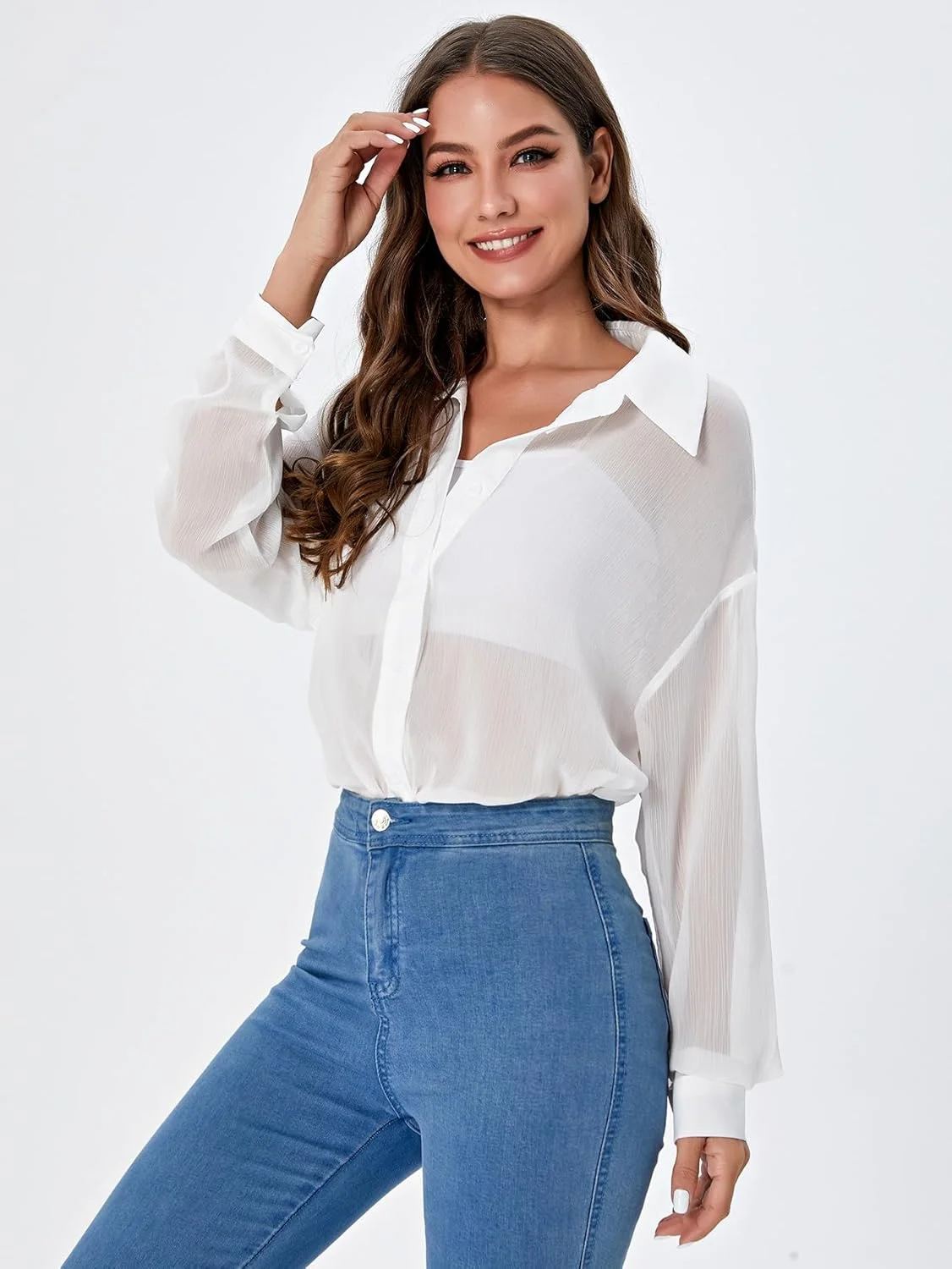 بلوز زنانه شیفون آستین بلند دکمه دار یقه دار گشاد