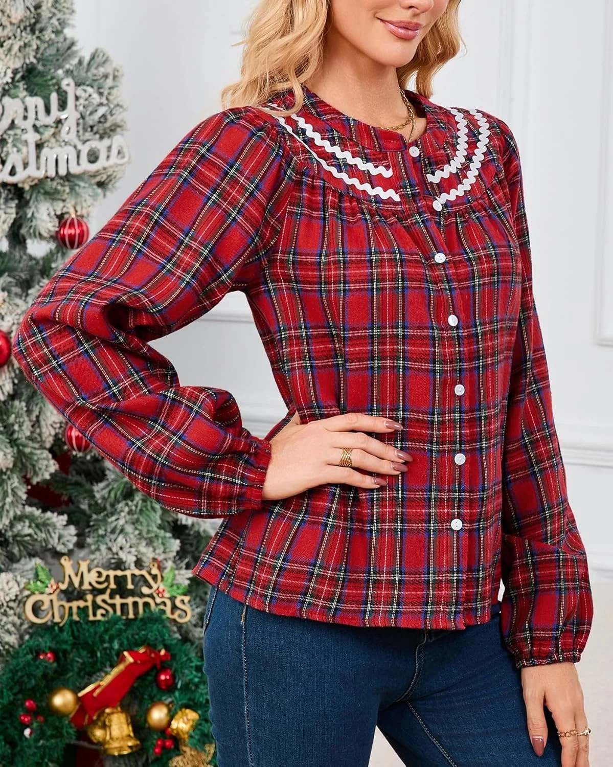 پیراهن چهارخانه آستین بلند زنانه، بلوز دکمه دار کلاسیک بوفالو، تونیک سبک وزن مناسب پاییز و زمستان