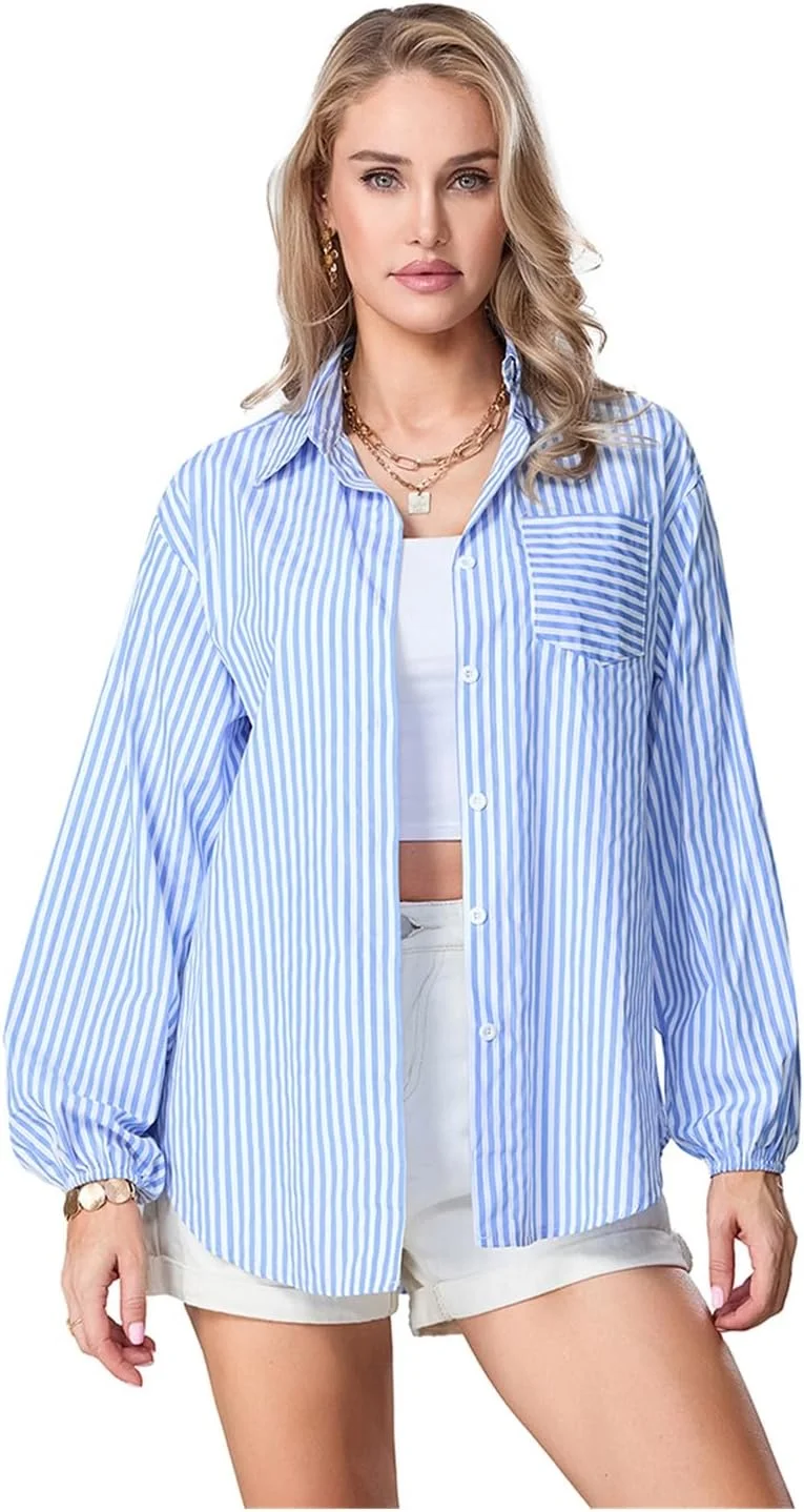 پیراهن زنانه دکمه دار راه راه غیر رسمی - بلوز آستین بلند سبک وزن برای تمام فصول 1 عدد