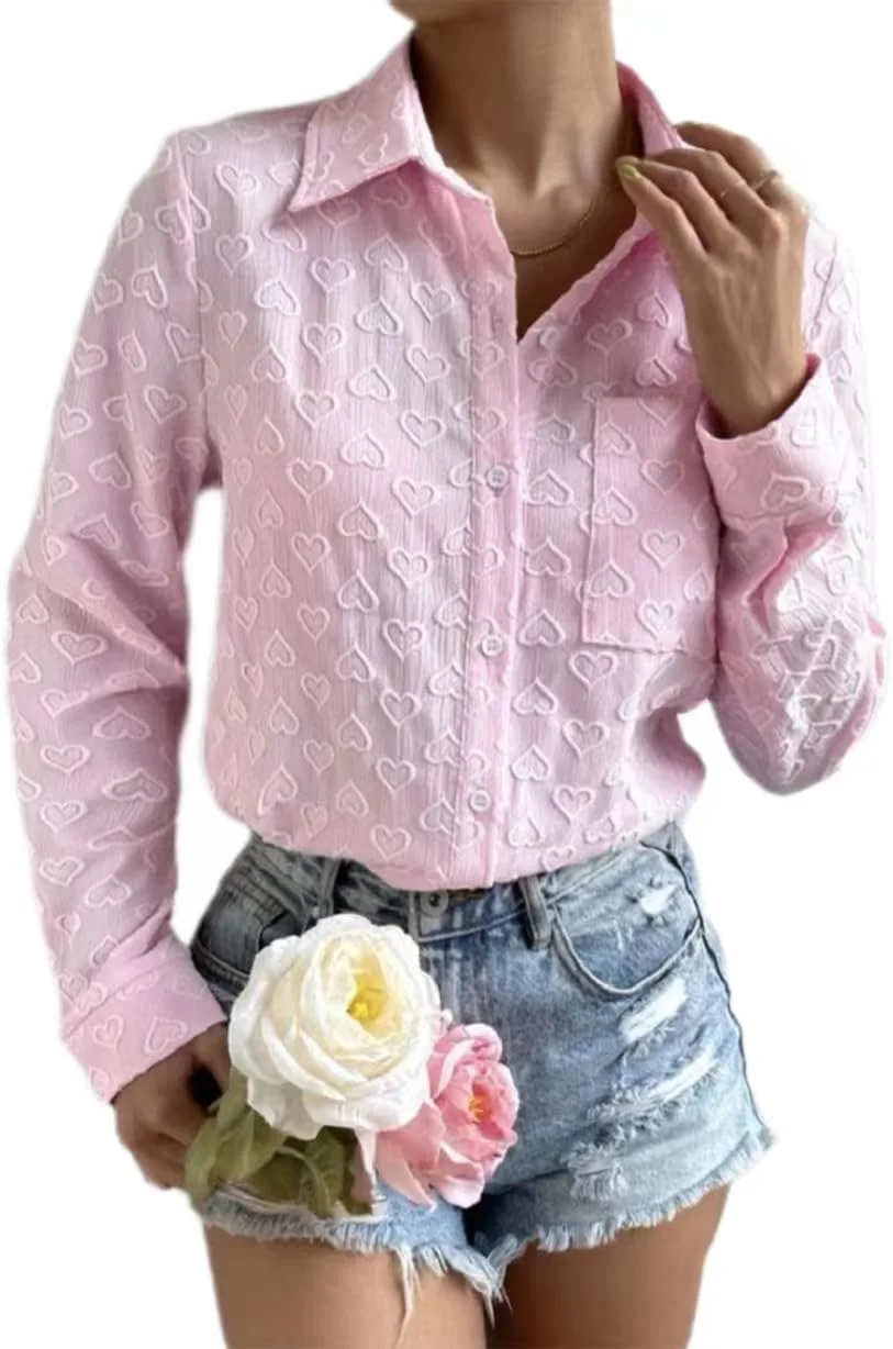 بلوز زنانه دکمه دار آستین بلند طرح قلب مناسب کار با جیب