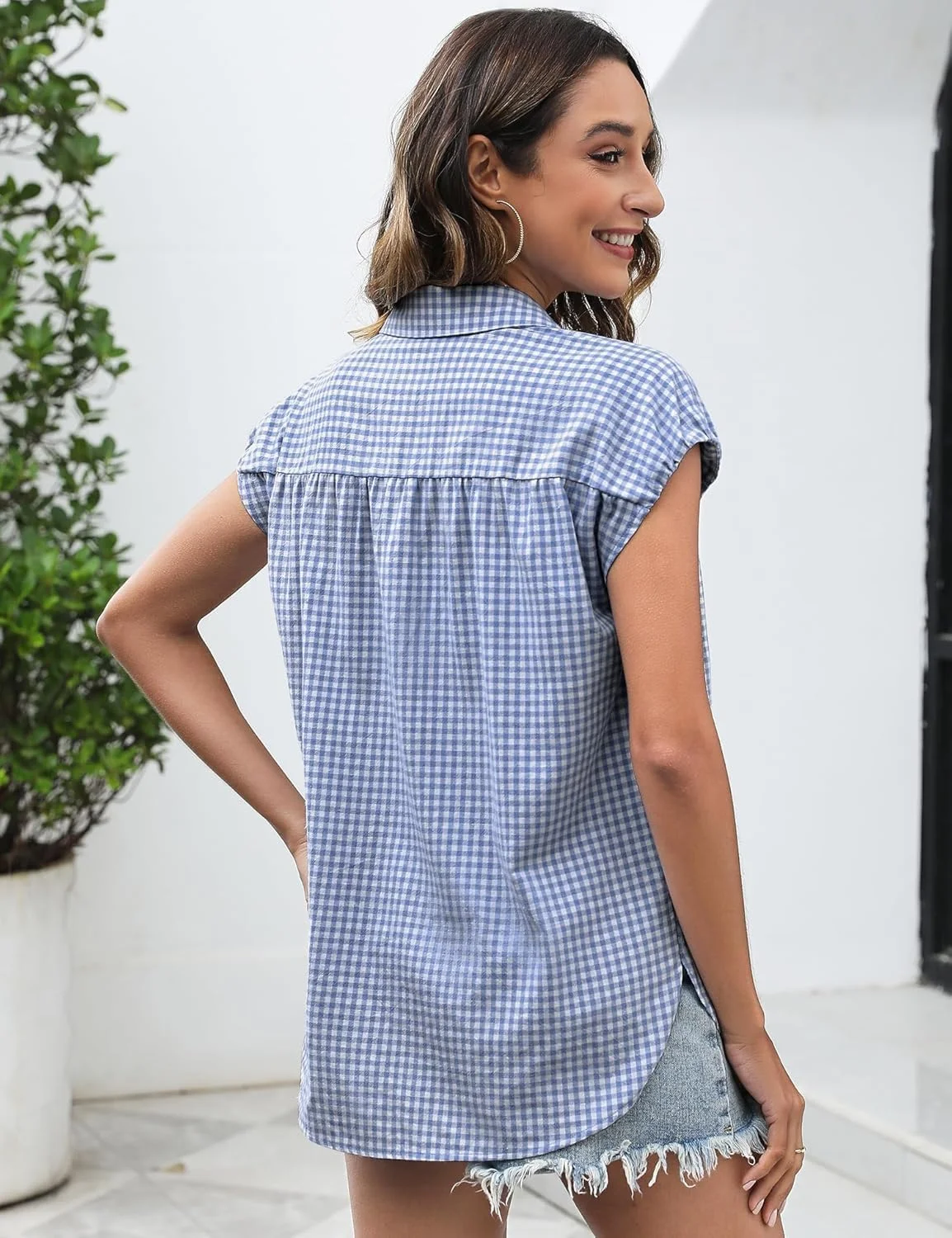 بلوز زنانه دکمه دار غیر رسمی، شومیز طرح دار آستین کوتاه یقه هفت ترندی، مناسب تابستان 2025