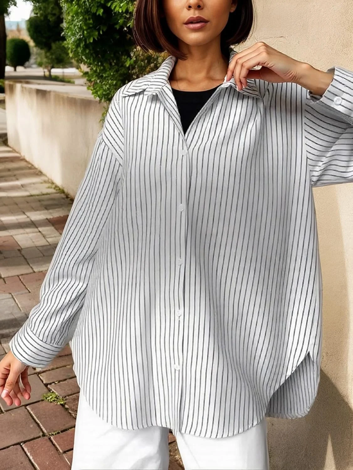 پیراهن زنانه دکمه دار آستین بلند راه راه یقه دار مناسب کار در اداره