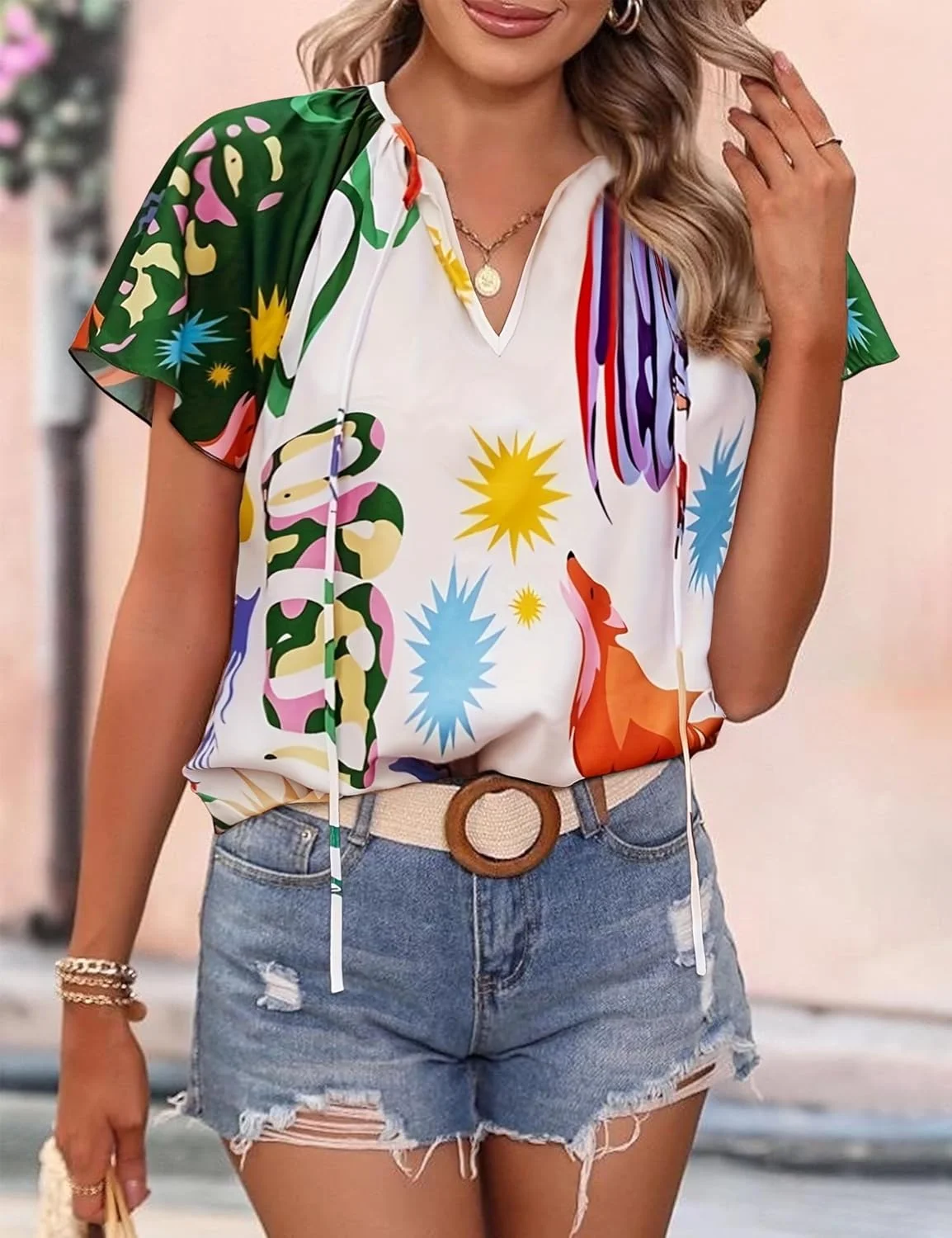 بلوز آستین کوتاه زنانه طرح گلدار بوهو یقه هفت لباس تابستانی وینتیج مناسب تعطیلات سال ۲۰۲۵