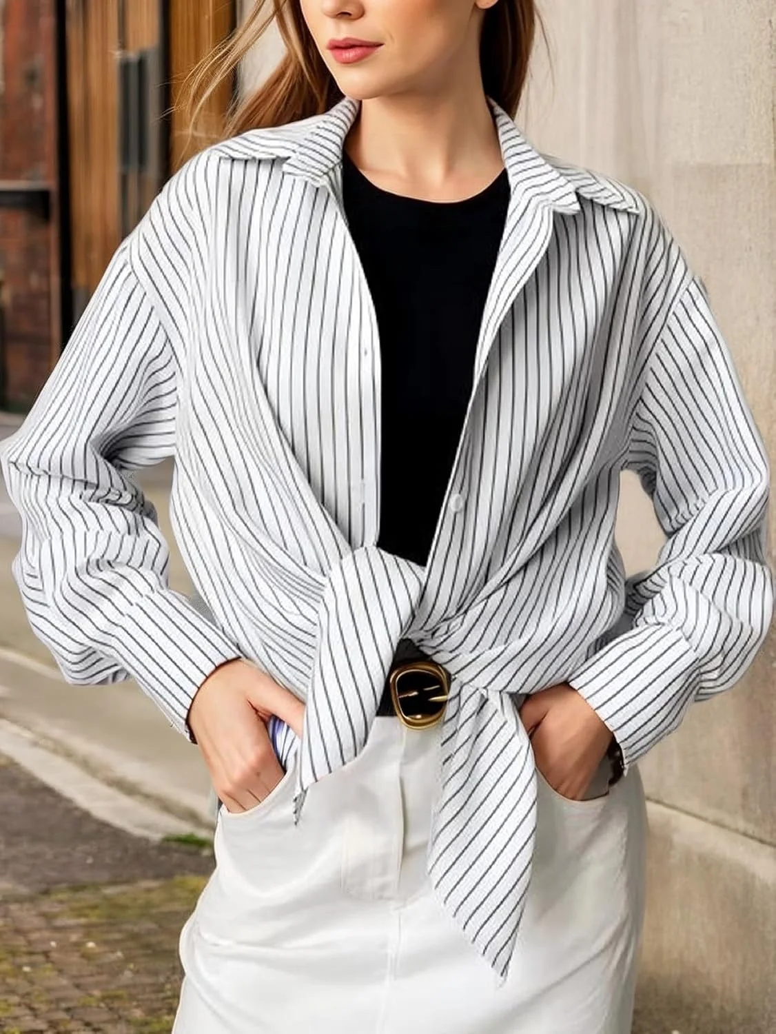 پیراهن زنانه دکمه دار آستین بلند راه راه یقه دار مناسب کار در اداره