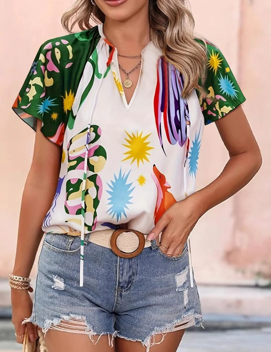 بلوز آستین کوتاه زنانه طرح گلدار بوهو یقه هفت لباس تابستانی وینتیج مناسب تعطیلات سال ۲۰۲۵