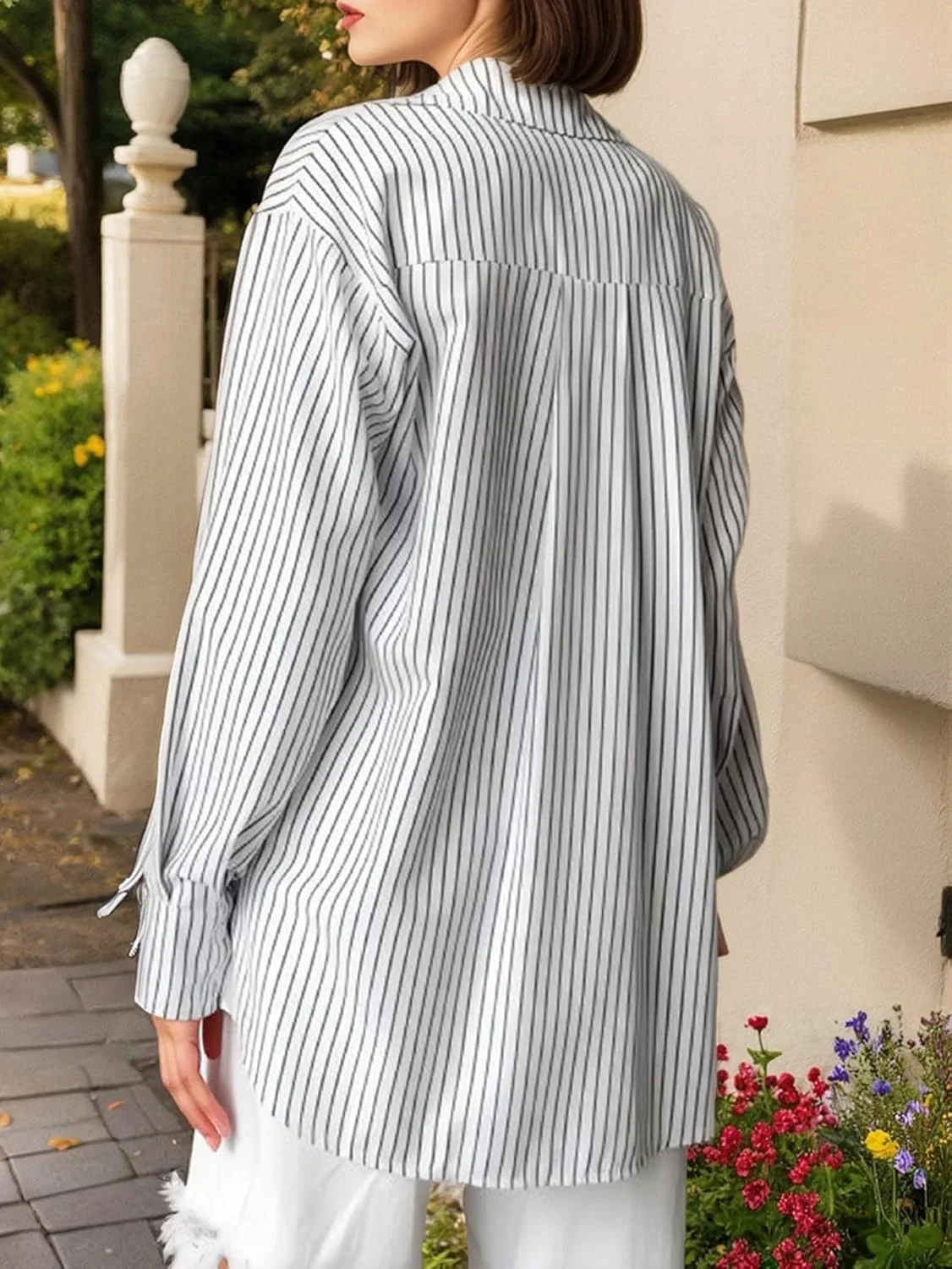 پیراهن زنانه دکمه دار آستین بلند راه راه یقه دار مناسب کار در اداره