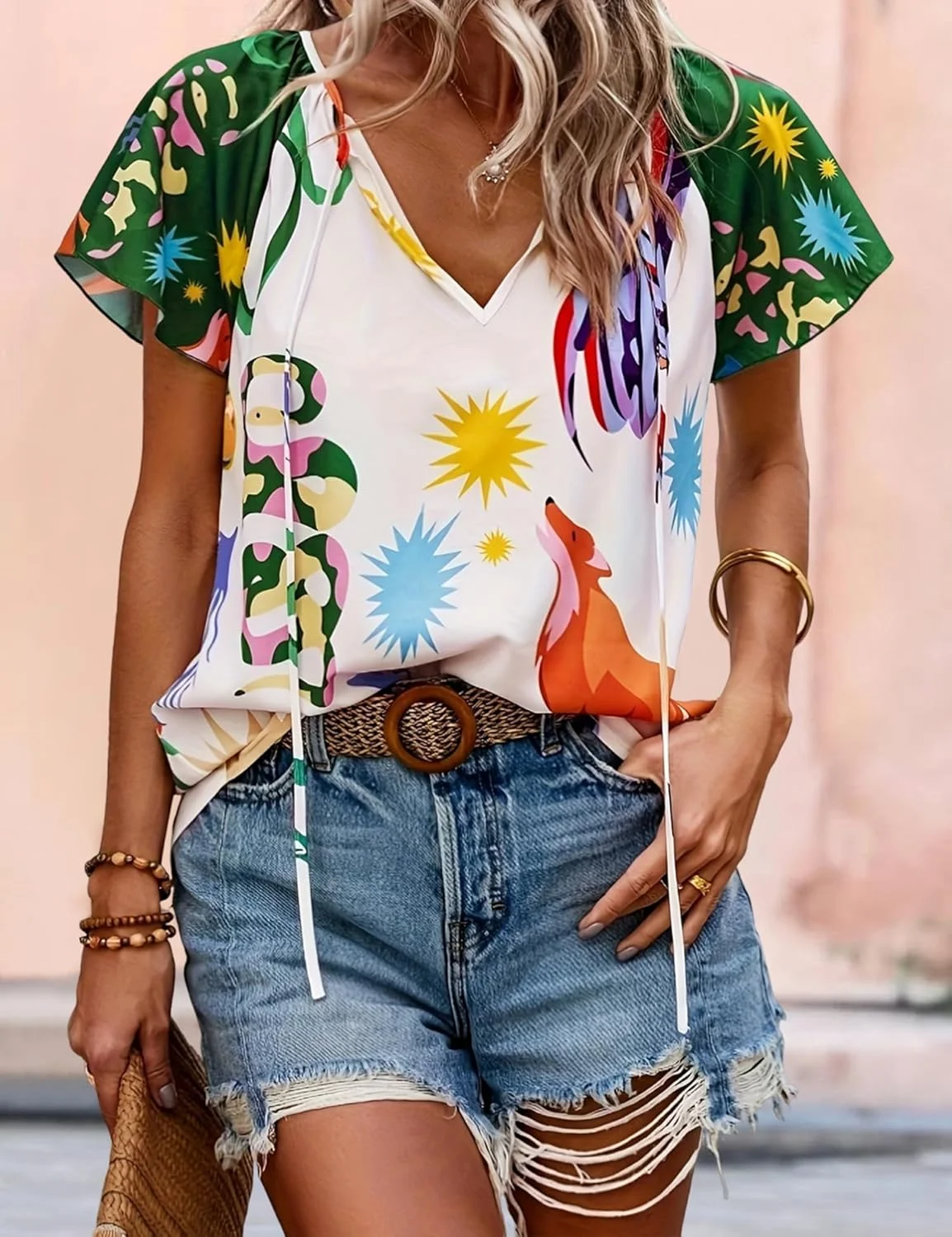 بلوز آستین کوتاه زنانه طرح گلدار بوهو یقه هفت لباس تابستانی وینتیج مناسب تعطیلات سال ۲۰۲۵