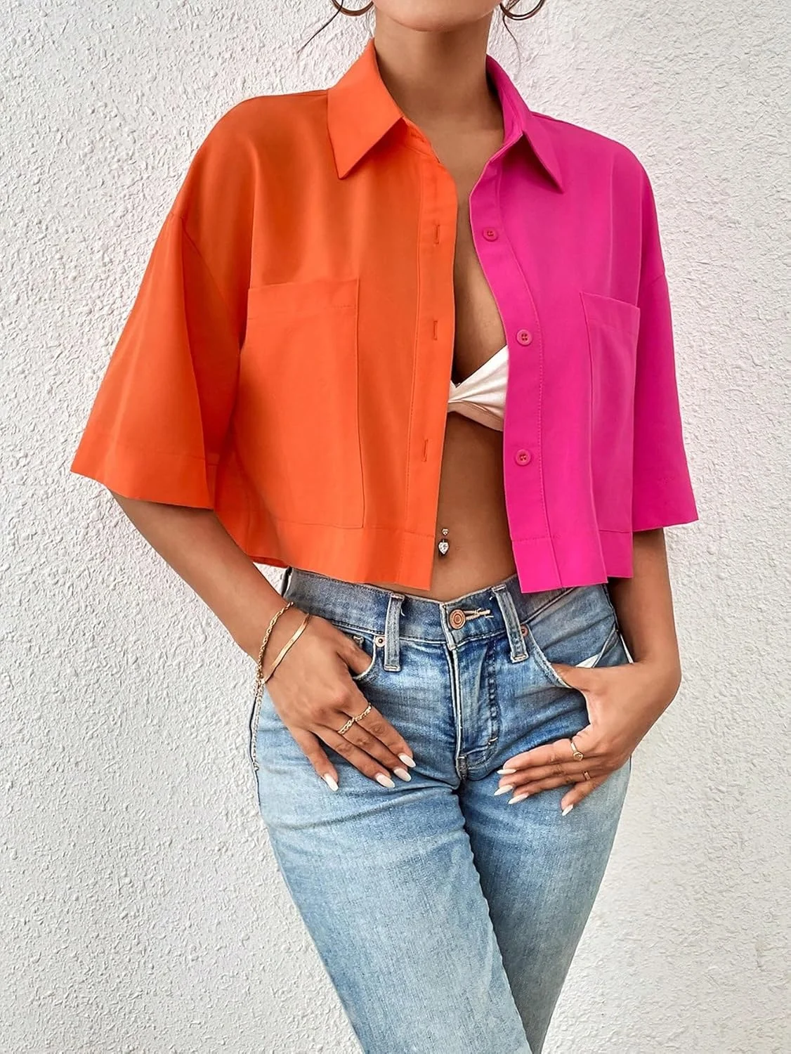 بلوز زنانه دکمه دار آستین کوتاه با طرح رنگی