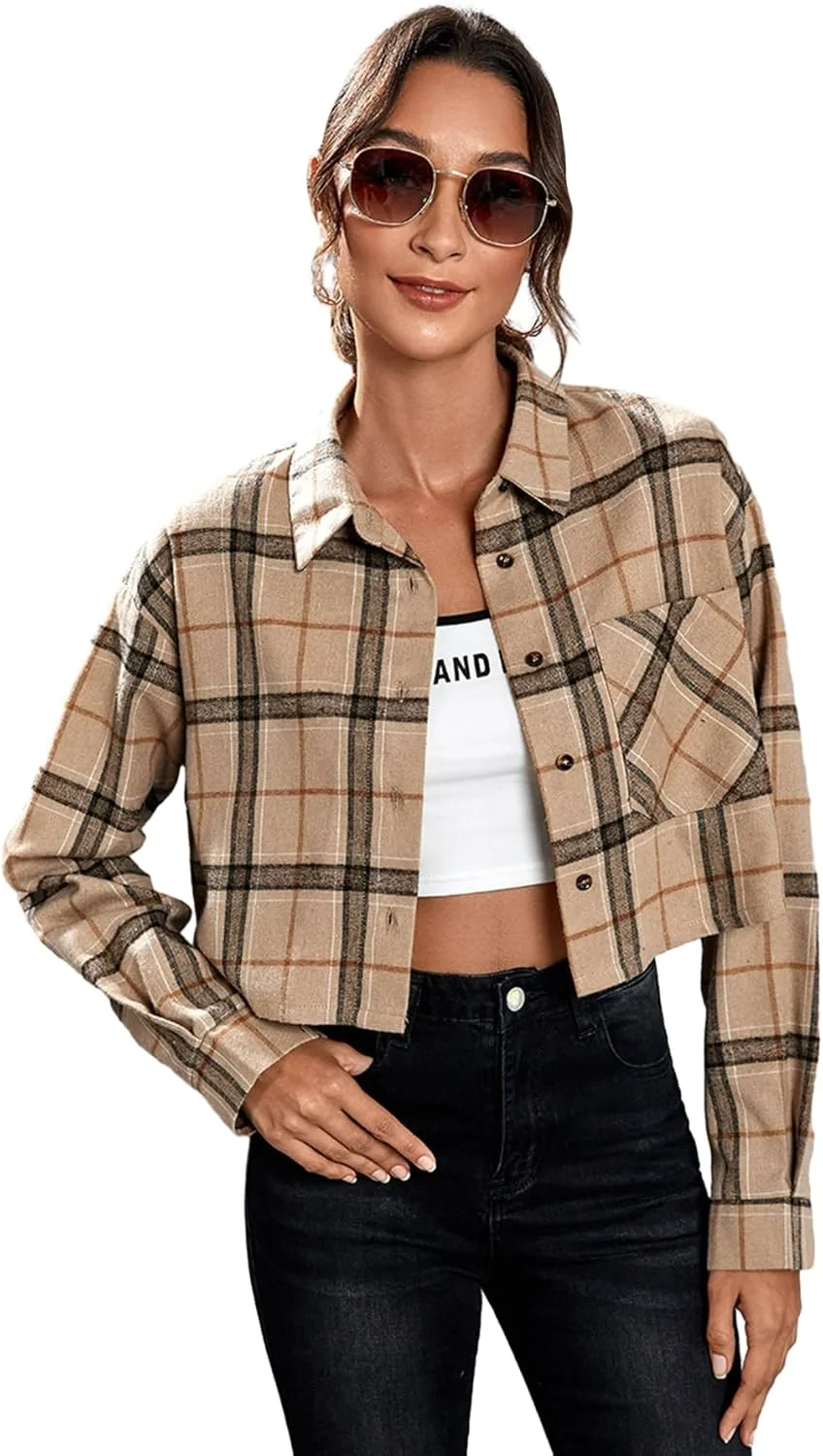 پیراهن چهارخانه دکمه دار زنانه، بلوز کوتاه با سرشانه افتاده و جیب