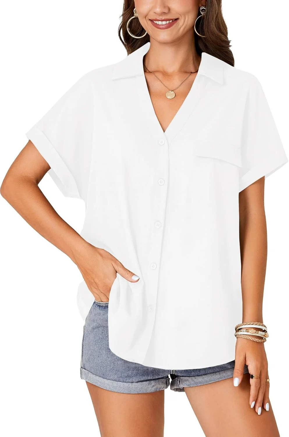 بلوز زنانه آستین کوتاه دکمه دار یقه هفت خفاشی