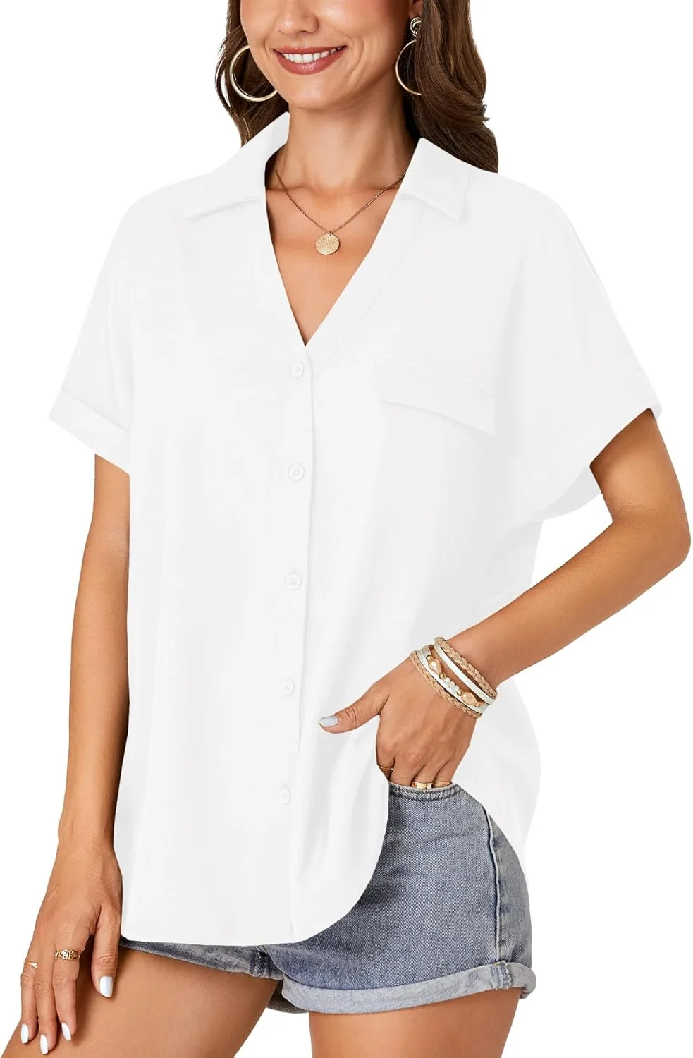 بلوز زنانه آستین کوتاه دکمه دار یقه هفت خفاشی