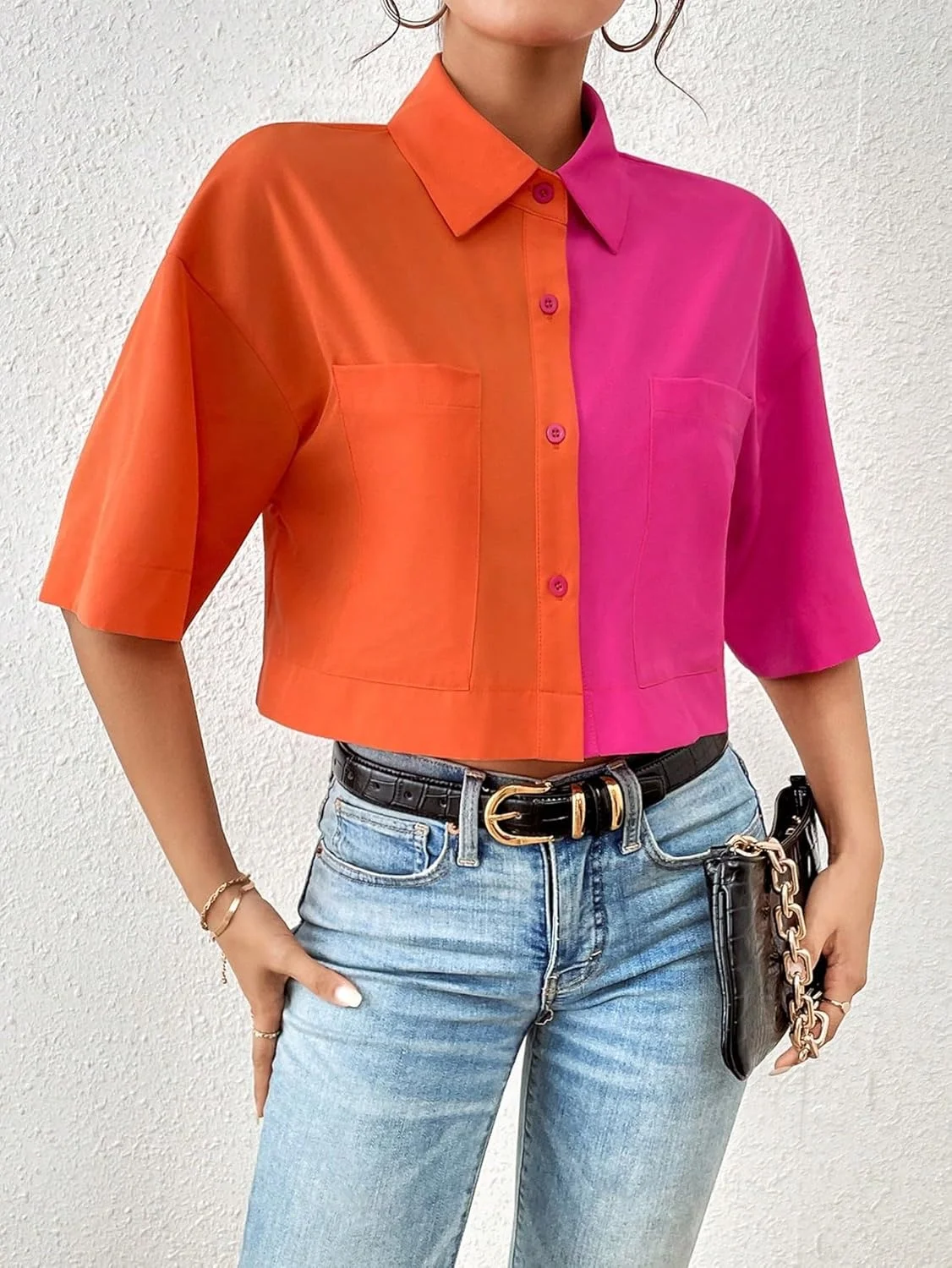 بلوز زنانه دکمه دار آستین کوتاه با طرح رنگی