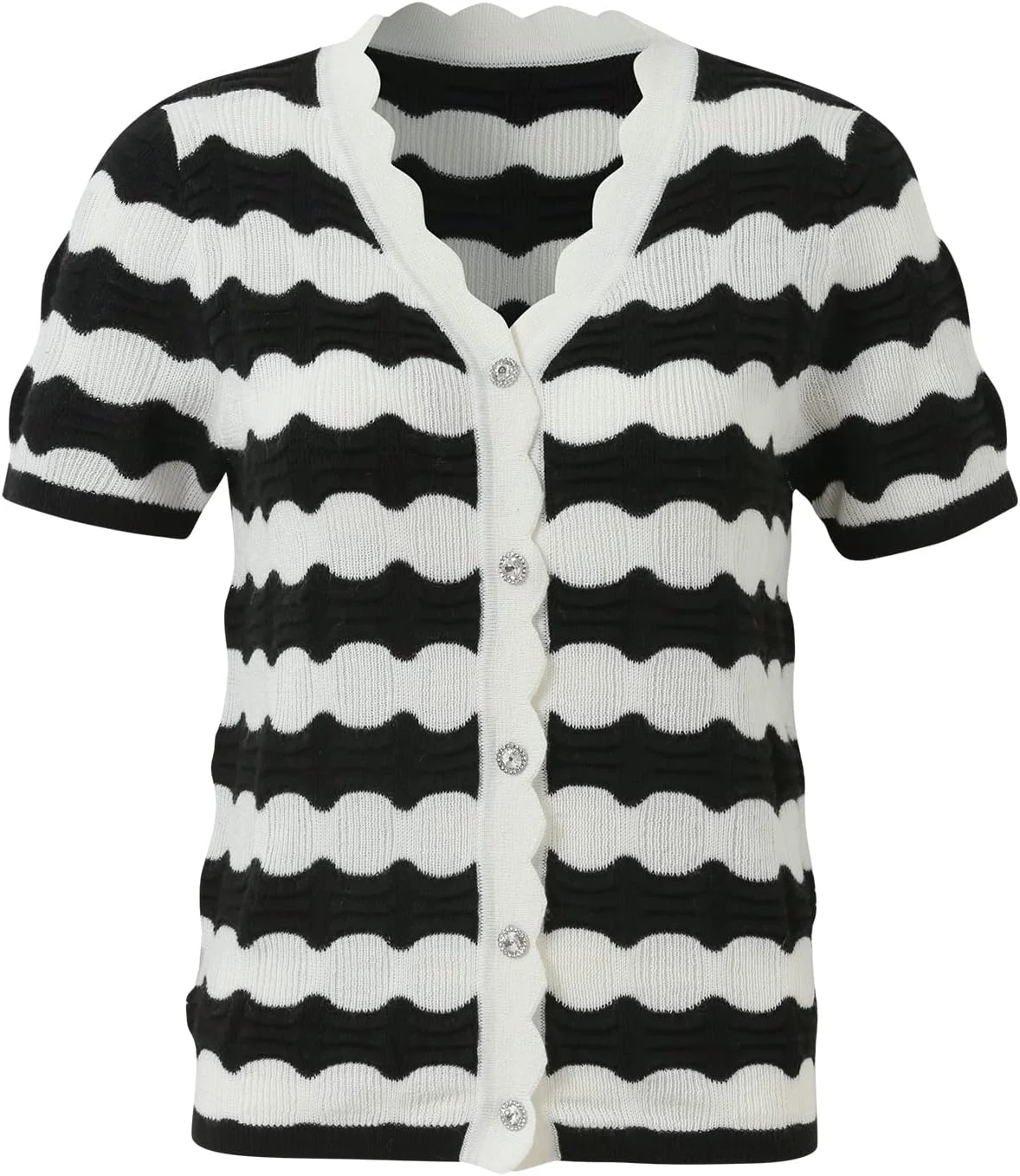 بلوز زنانه راه راه یقه هفت دکمه دار آستین کوتاه، سفید و مشکی، سایز L