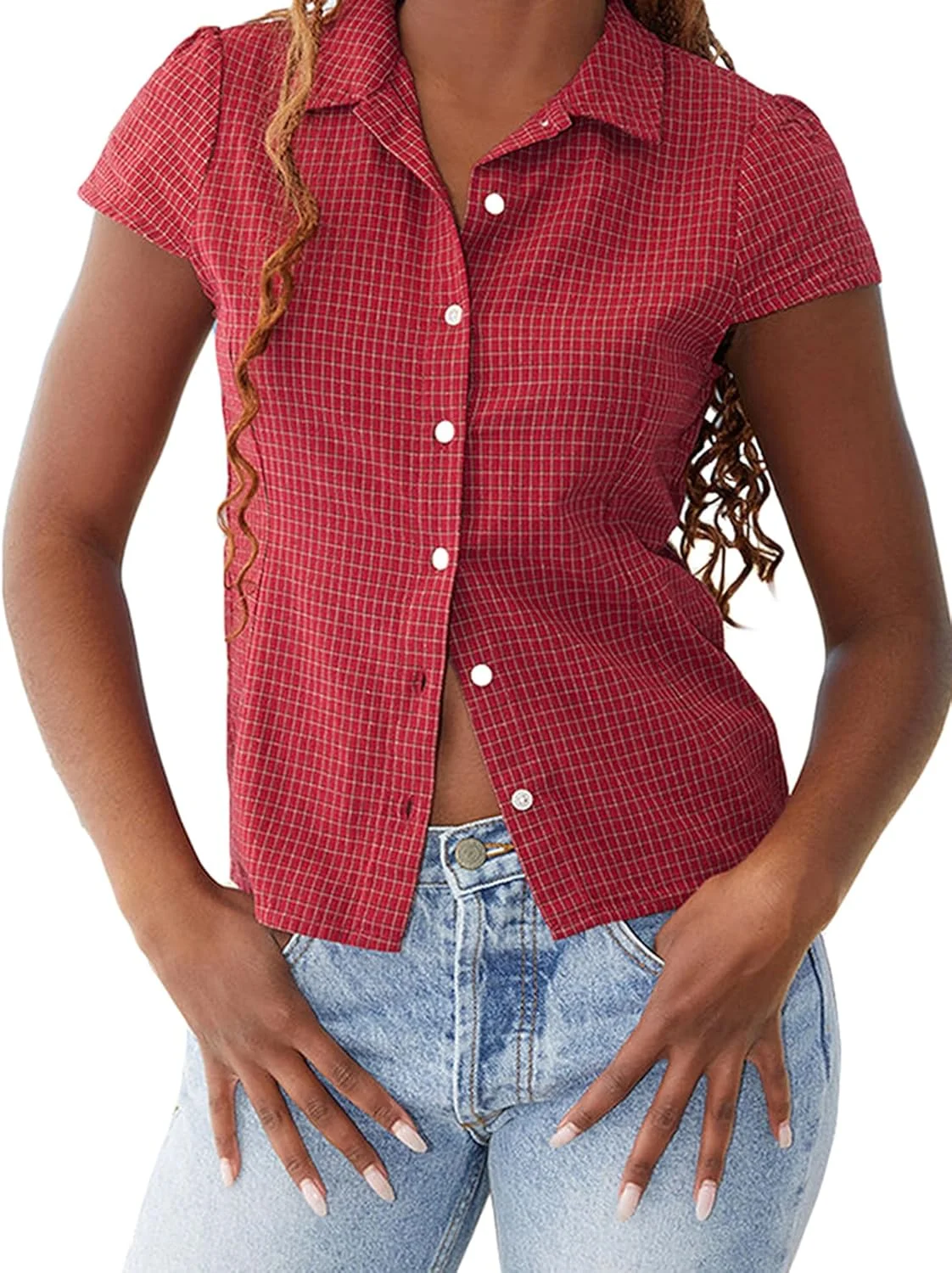 پیراهن دکمه دار زنانه Y2k، بلوز چین دار پایه ای تابستانی و پاییزی، تاپ های باریک با یقه برگردان غیر رسمی