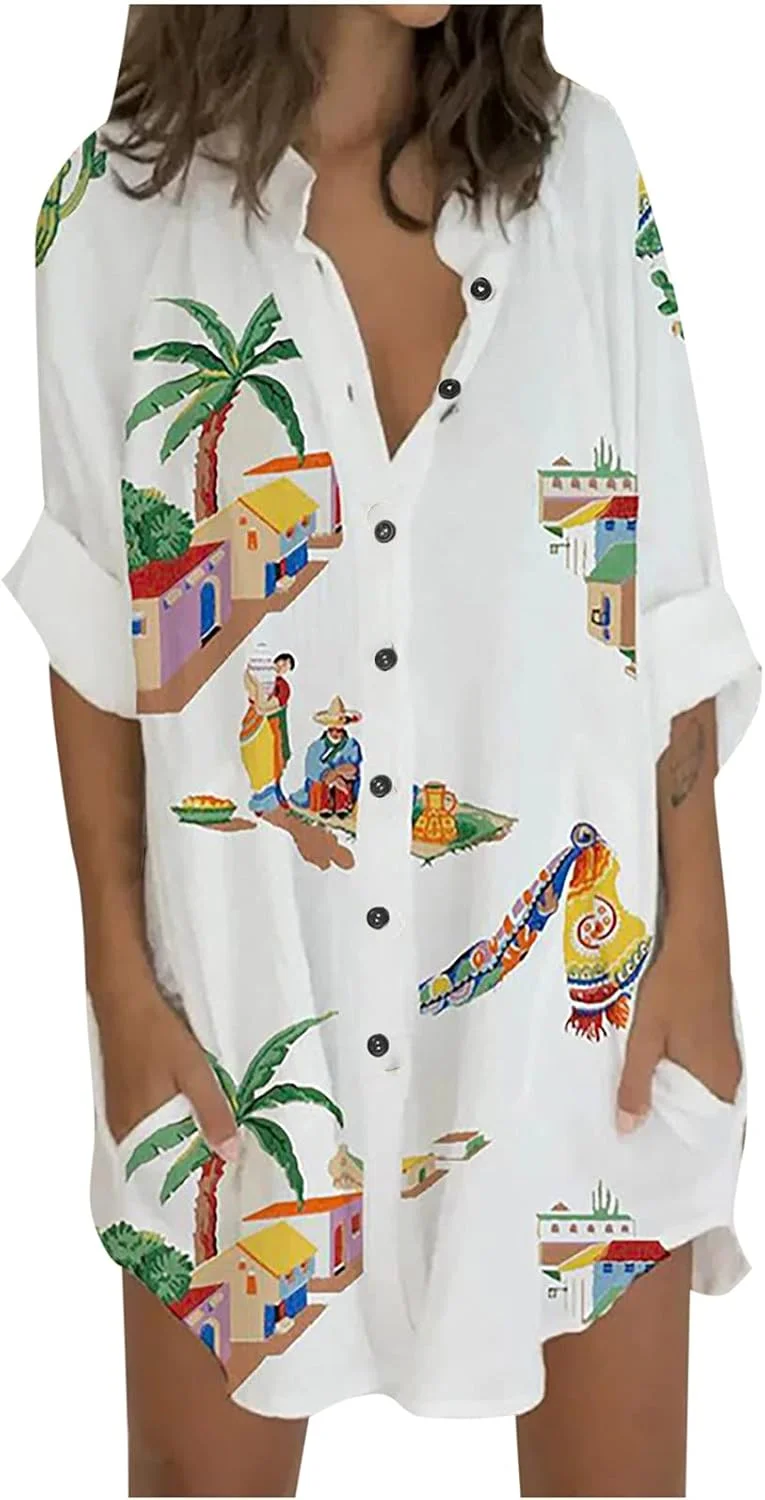 بلوزهای گشاد زنانه دکمه دار آستین سه ربع بلند، پیراهن های لینن گشاد راحت، تاپ تی شرت با جیب