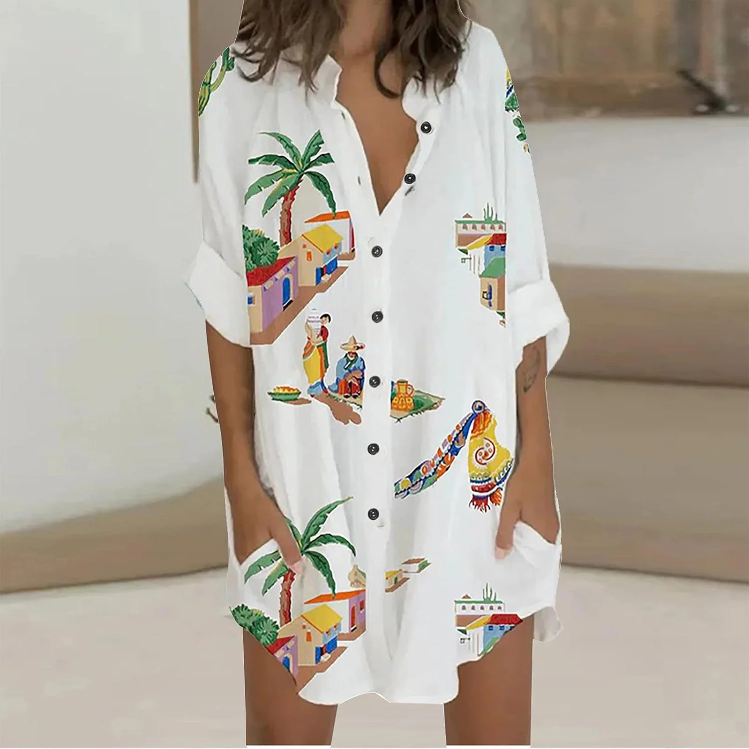 بلوزهای گشاد زنانه دکمه دار آستین سه ربع بلند، پیراهن های لینن گشاد راحت، تاپ تی شرت با جیب بلوزهای گشاد زنانه دکمه دار آستین سه ربع بلند، پیراهن های لینن گشاد راحت، تاپ تی شرت با جیب