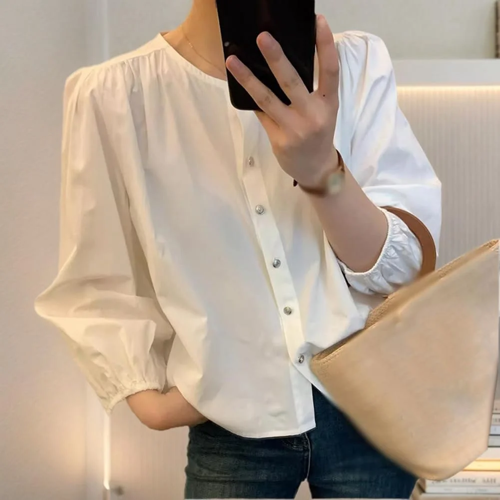 بلوز زنانه دکمه دار، یقه گرد، آستین بلند، تاپ های غیر رسمی، بلوز آزاد