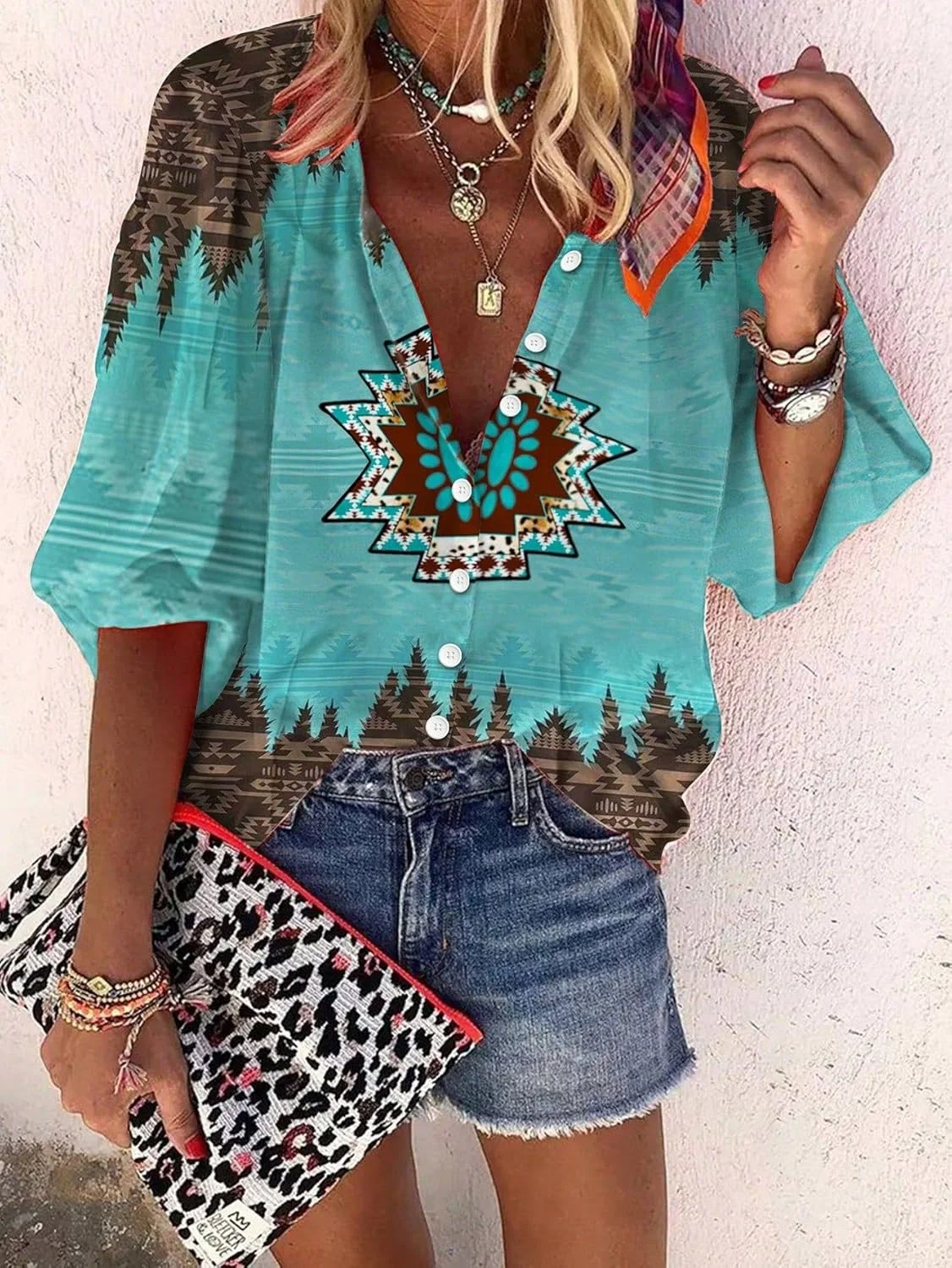 پیراهن دکمه دار زنانه آستین بلند، بلوزهای یقه دار غیر رسمی گشاد مناسب تابستان