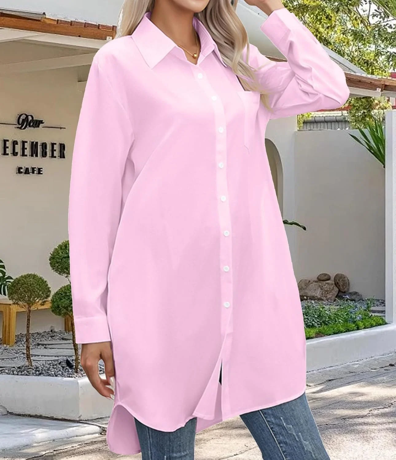 پیراهن دکمه دار زنانه آستین بلند غیر رسمی، بلوز سایز بزرگ و گشاد با جیب، صورتی
