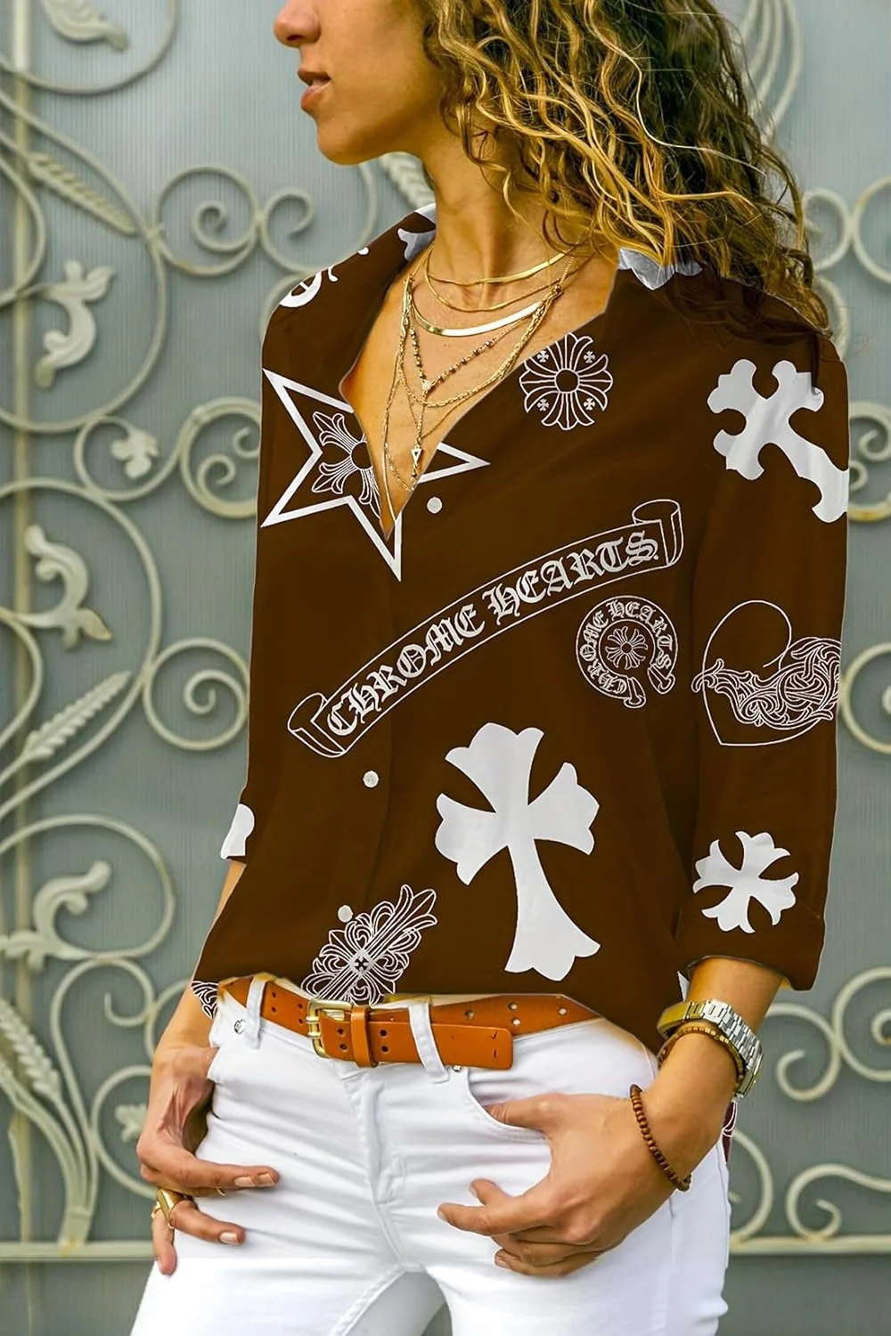 پیراهن زنانه دکمه دار با طرح چاپی آستین بلند، بلوز یقه دار غیر رسمی و شیک