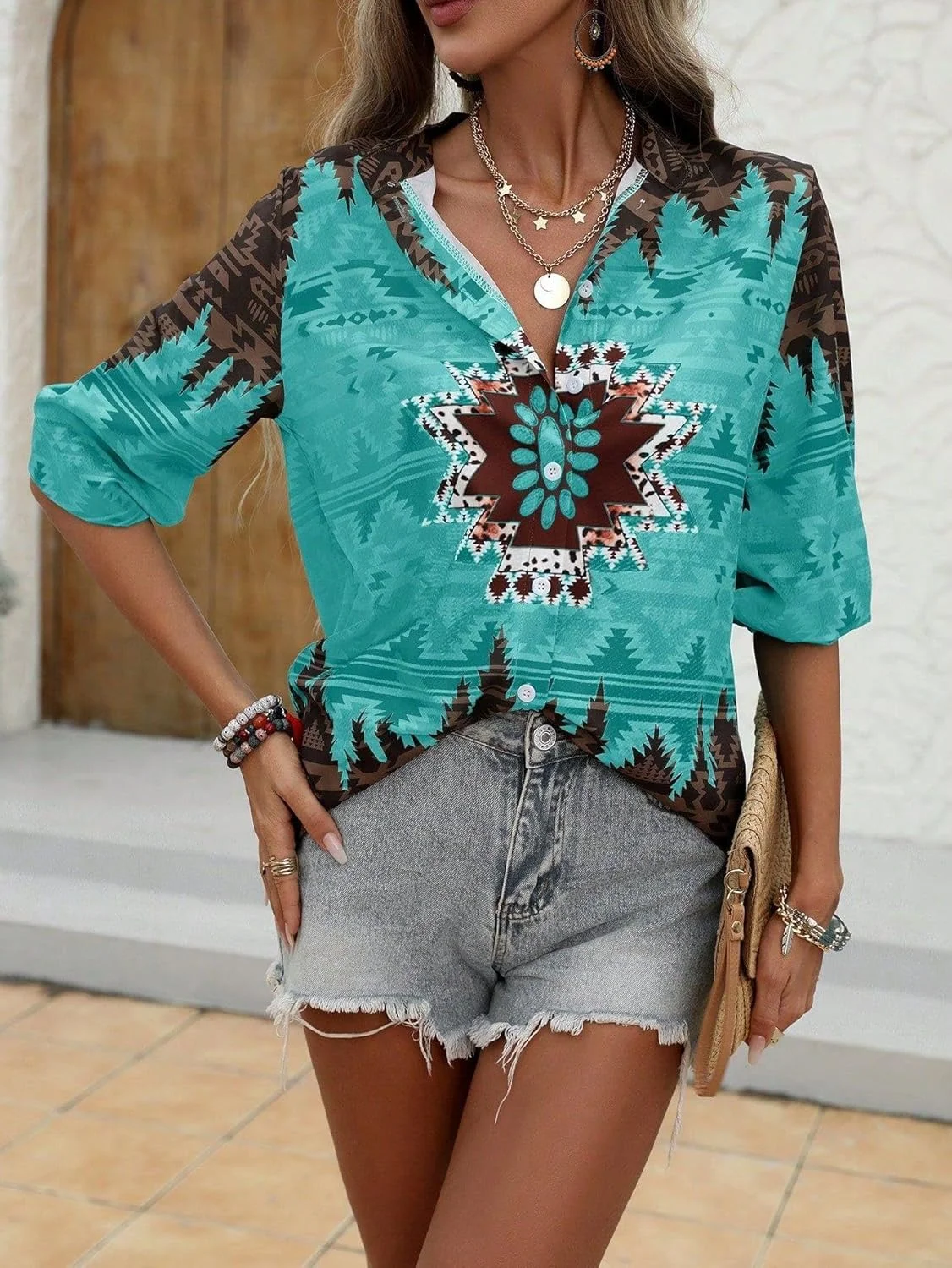 پیراهن دکمه دار زنانه آستین بلند، بلوزهای یقه دار غیر رسمی گشاد مناسب تابستان پیراهن دکمه دار زنانه آستین بلند، بلوزهای یقه دار غیر رسمی گشاد مناسب تابستان