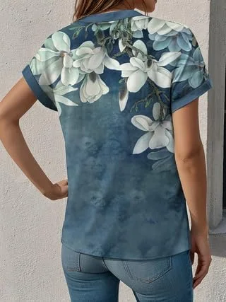 بلوز زنانه دکمه دار آستین کوتاه تابستانی یقه هفت طرح گلدار هاوایی