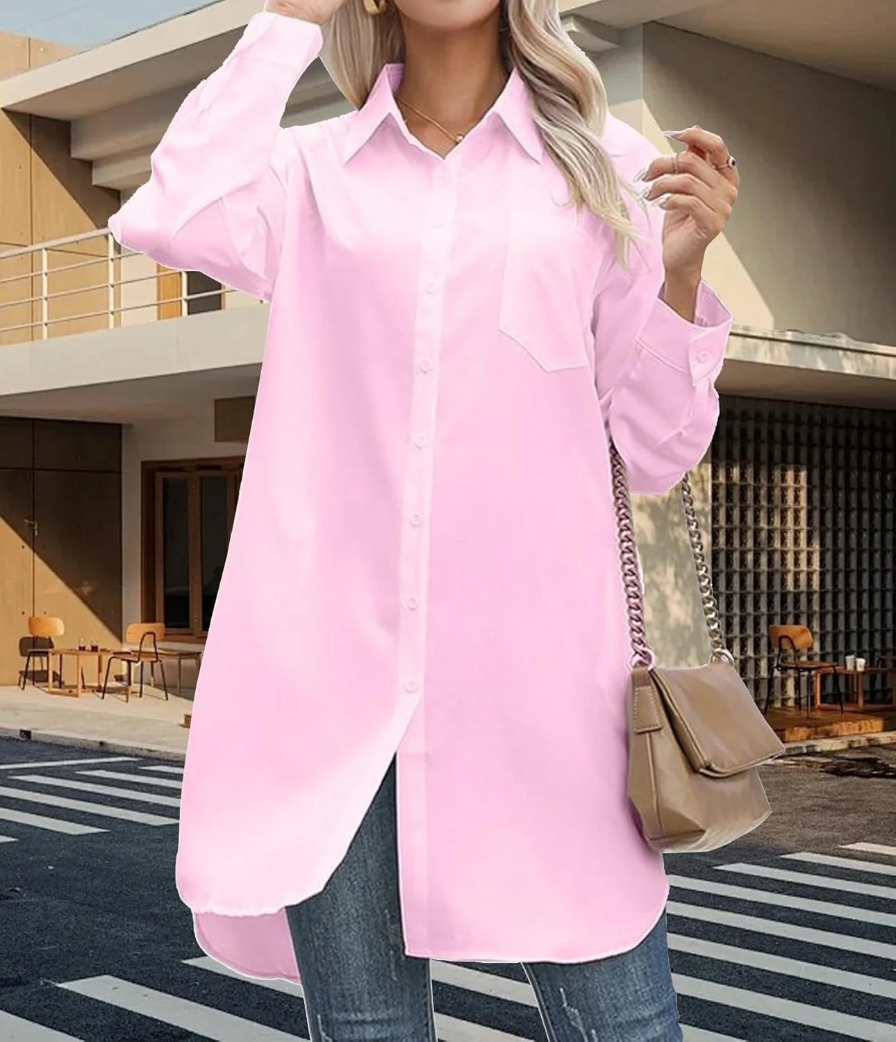 پیراهن دکمه دار زنانه آستین بلند غیر رسمی، بلوز سایز بزرگ و گشاد با جیب، صورتی
