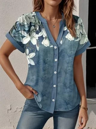 بلوز زنانه دکمه دار آستین کوتاه تابستانی یقه هفت طرح گلدار هاوایی