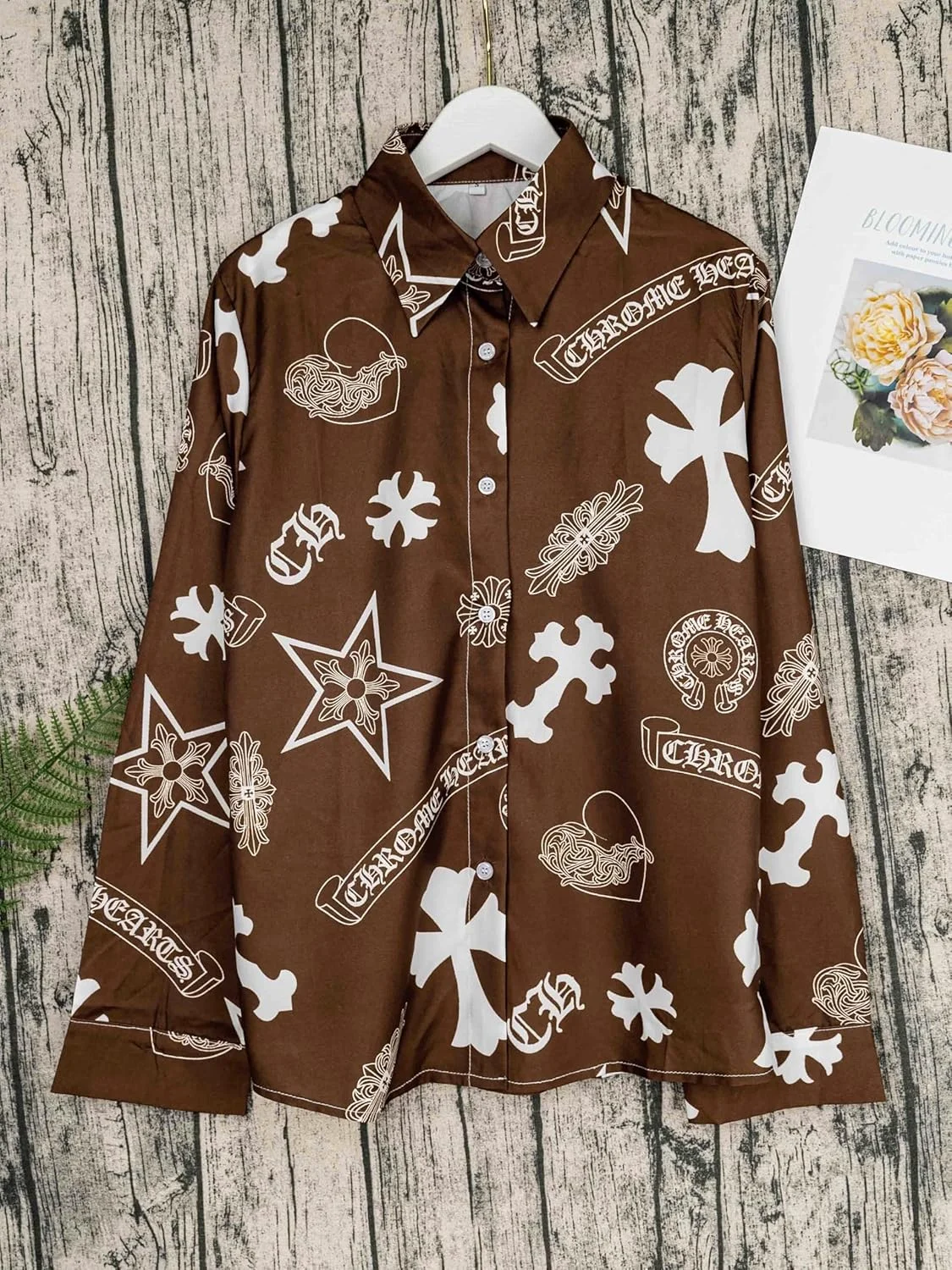 پیراهن زنانه دکمه دار با طرح چاپی آستین بلند، بلوز یقه دار غیر رسمی و شیک