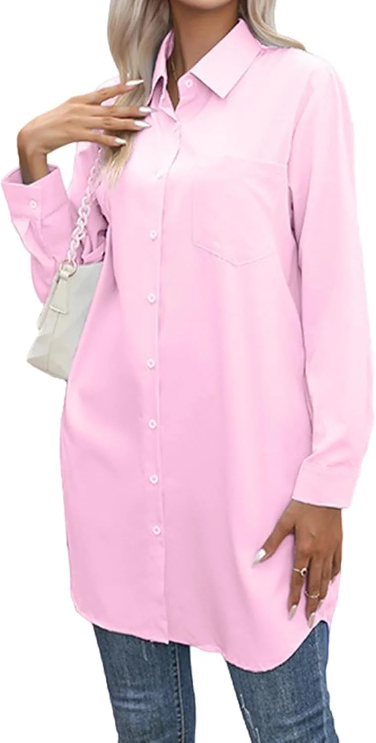 پیراهن دکمه دار زنانه، بلوز آستین بلند غیر رسمی، پیراهن های گشاد و بزرگ با جیب