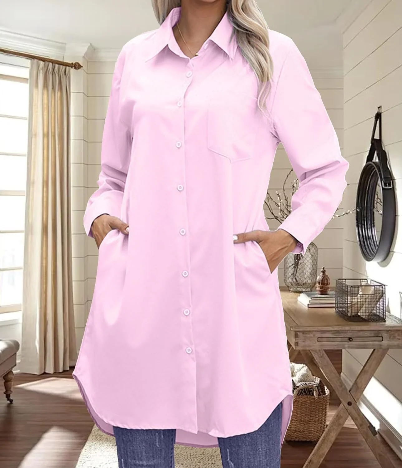 پیراهن دکمه دار زنانه آستین بلند غیر رسمی، بلوز سایز بزرگ و گشاد با جیب، صورتی