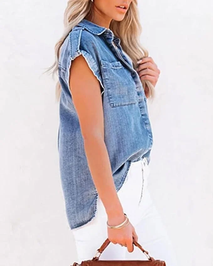 بلوز جین دکمه دار زنانه آستین کوتاه مناسب تابستان