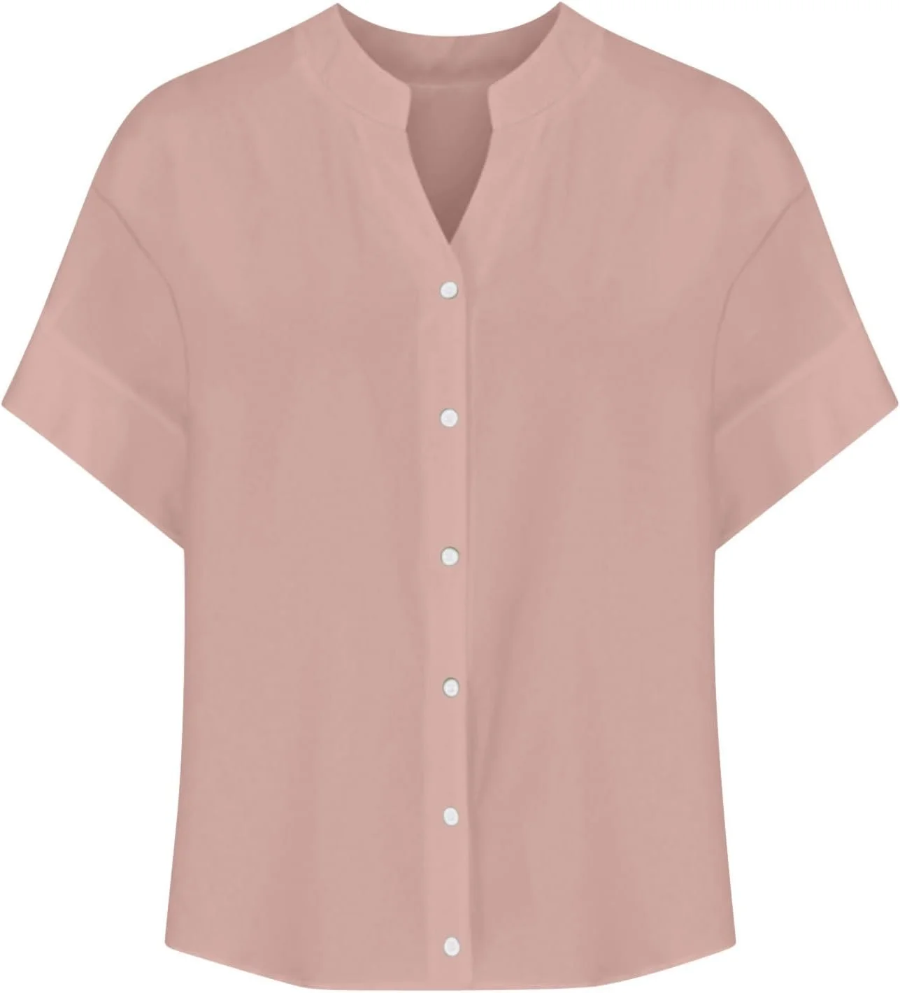 پیراهن زنانه دکمه دار آستین حلقه ای، بلوزهای غیر رسمی شیک، یقه هفت، پیراهن های کتان تابستانی، لباس های کار، تاپ های گشاد، لباس صورتی