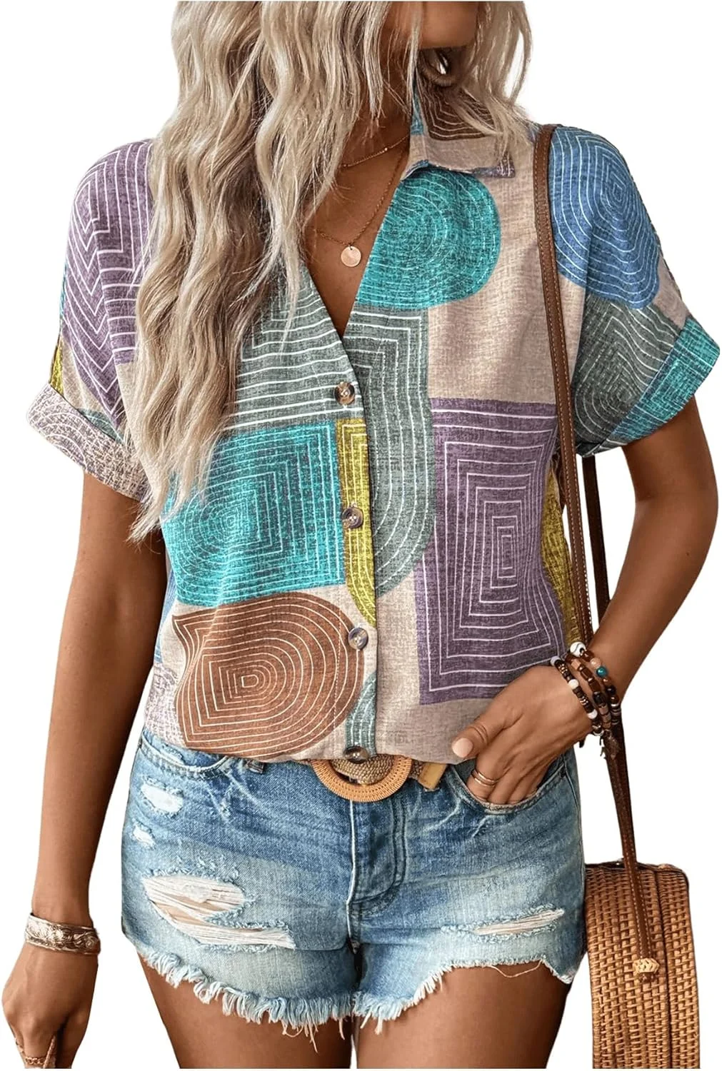بلوز زنانه دکمه دار، یقه هفت، آستین کوتاه، طرح دار، مناسب تابستان، سبک بوهو