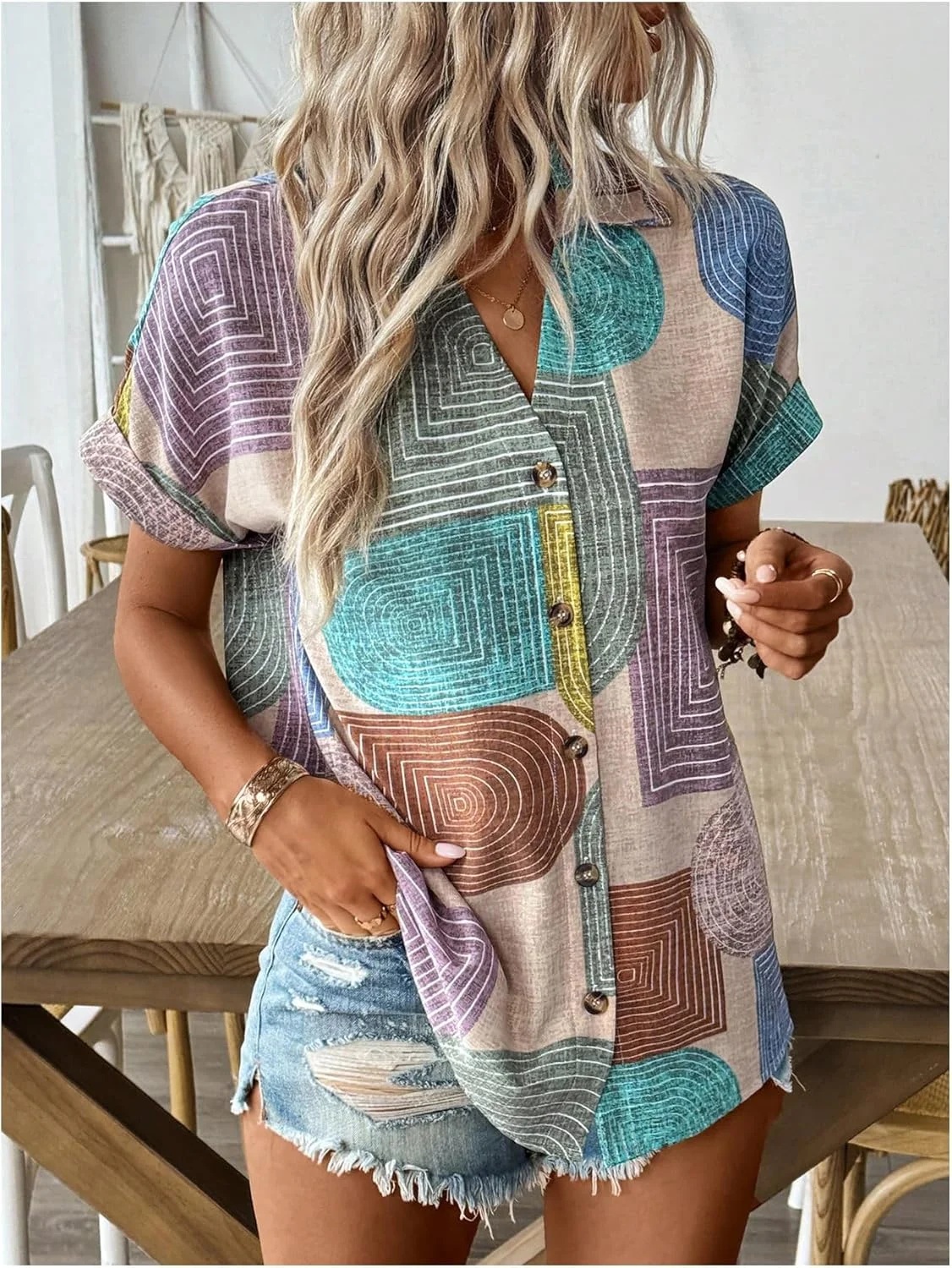 بلوز زنانه دکمه دار، یقه هفت، آستین کوتاه، طرح دار، مناسب تابستان، سبک بوهو