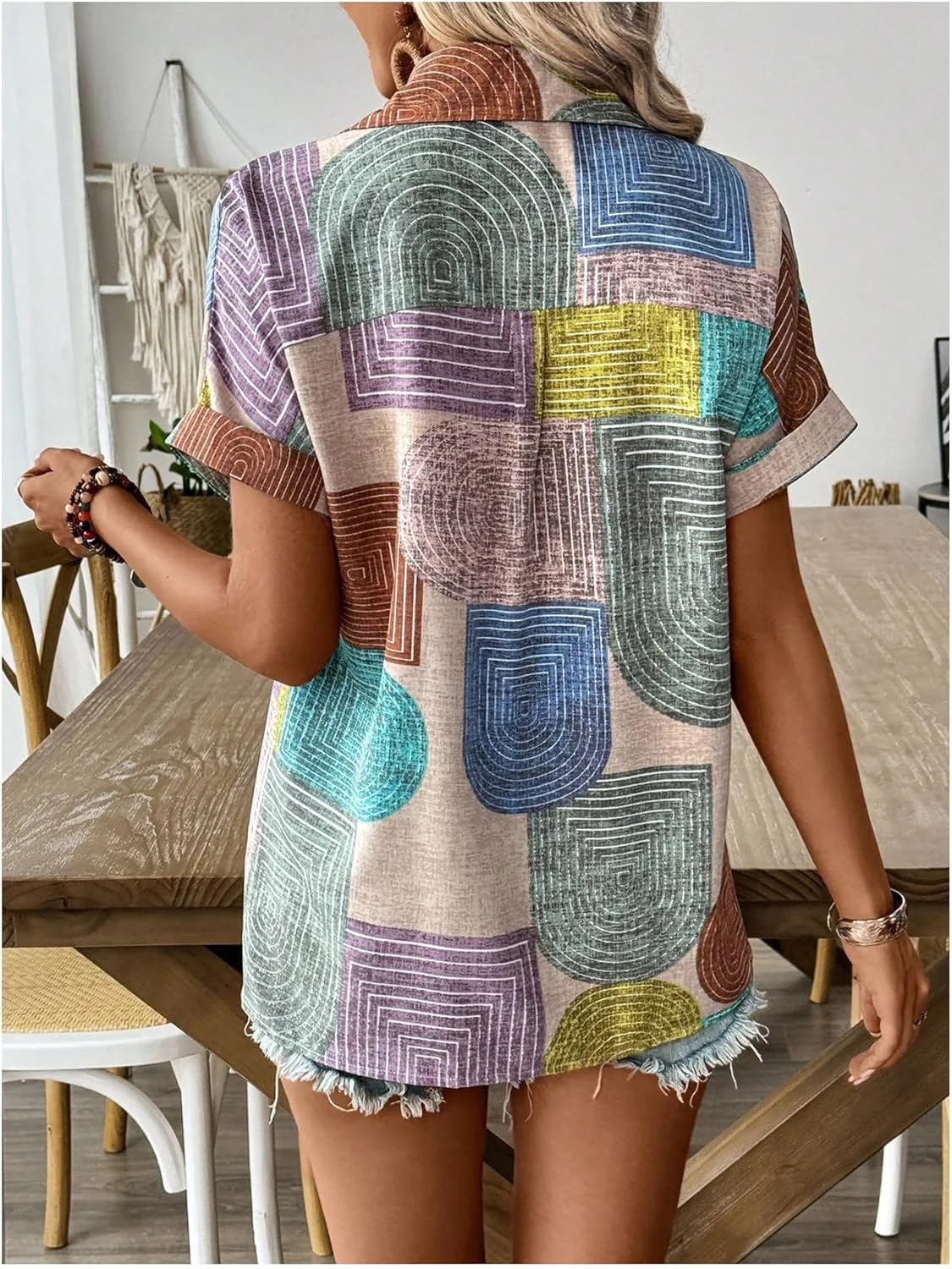 بلوز زنانه دکمه دار، یقه هفت، آستین کوتاه، طرح دار، مناسب تابستان، سبک بوهو